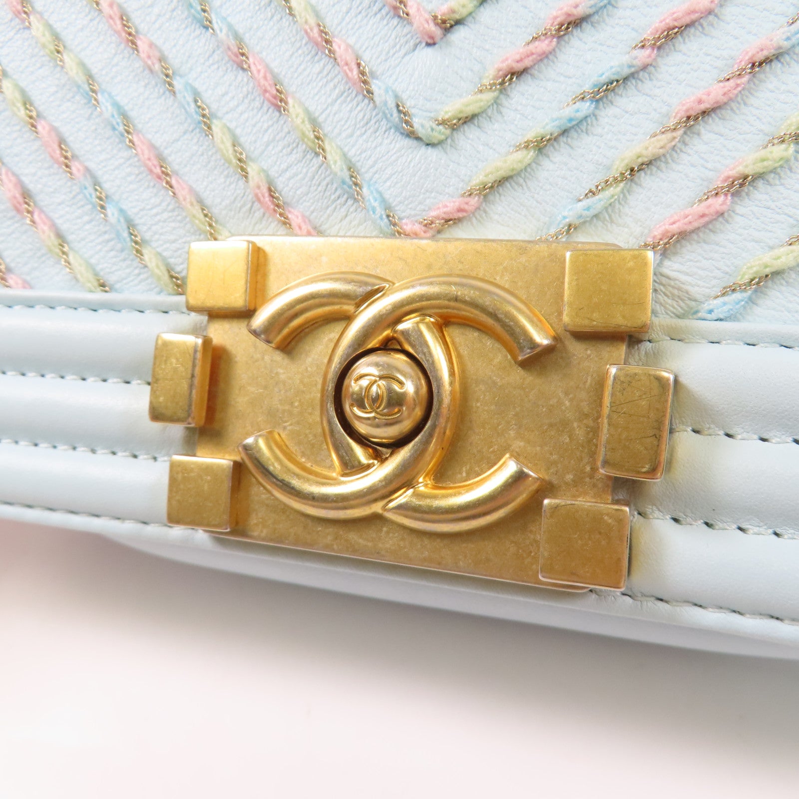 CHANEL 牛皮皮革/斜紋軟呢Boy 20金扣鏈帶肩背袋