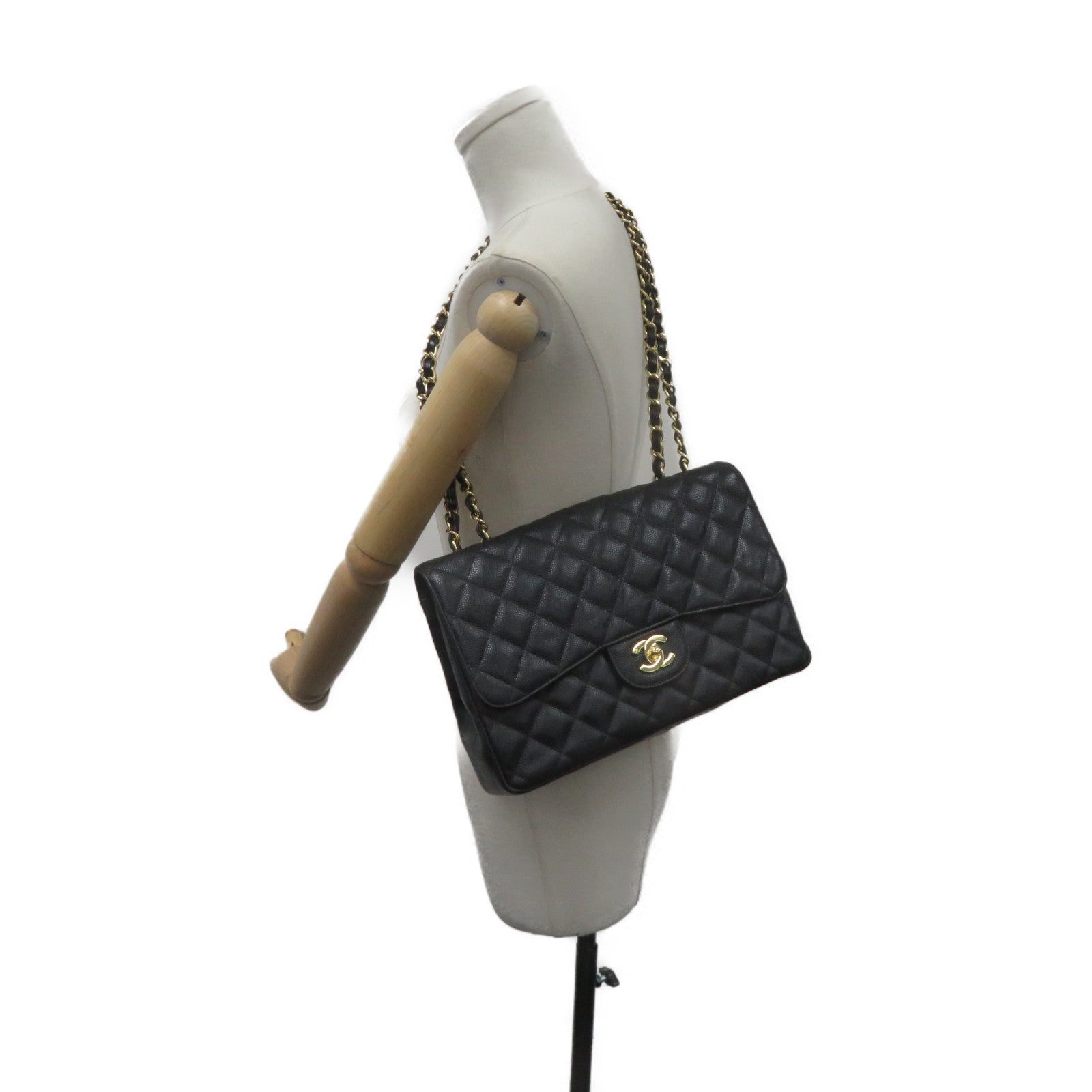 CHANEL 【激減優惠】菱格Caviar皮革Jumbo Single Flap Chain Shoulder Bag金扣鏈帶肩背袋黑色