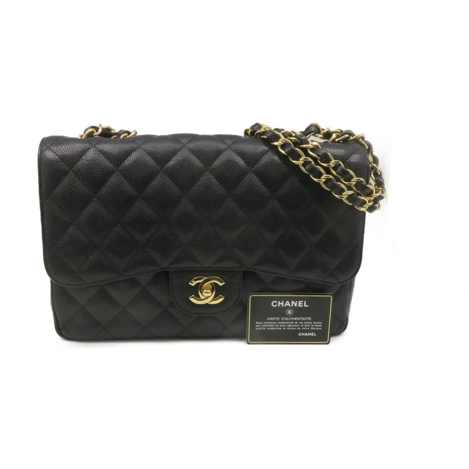 CHANEL 【激減優惠】菱格Caviar皮革Jumbo Single Flap Chain Shoulder Bag金扣鏈帶肩背袋黑色