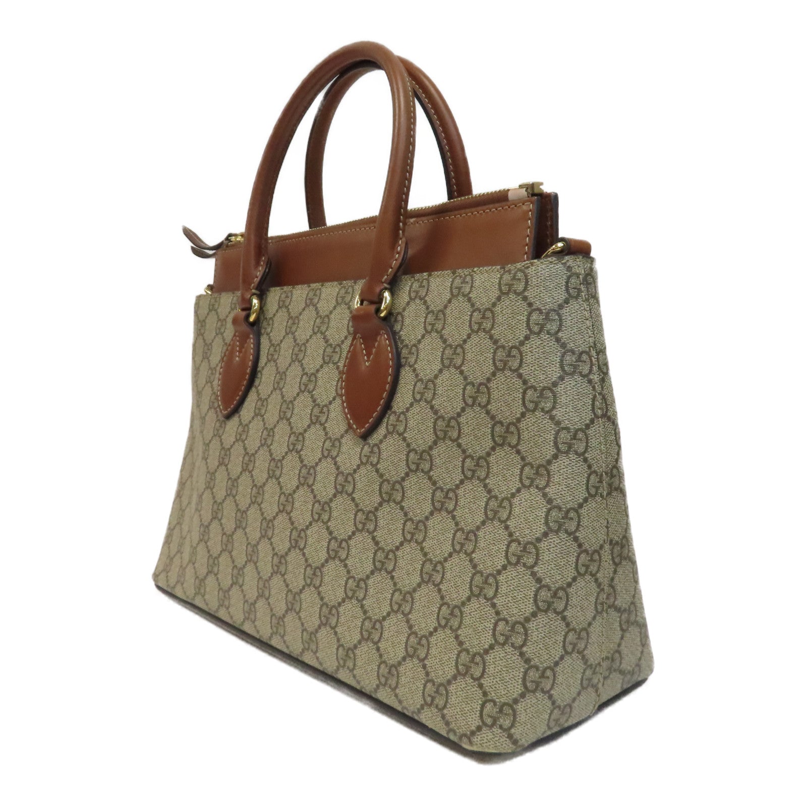 GUCCI 【激減優惠】GG Supreme Zip Tote金扣手挽肩背兩用袋啡色
