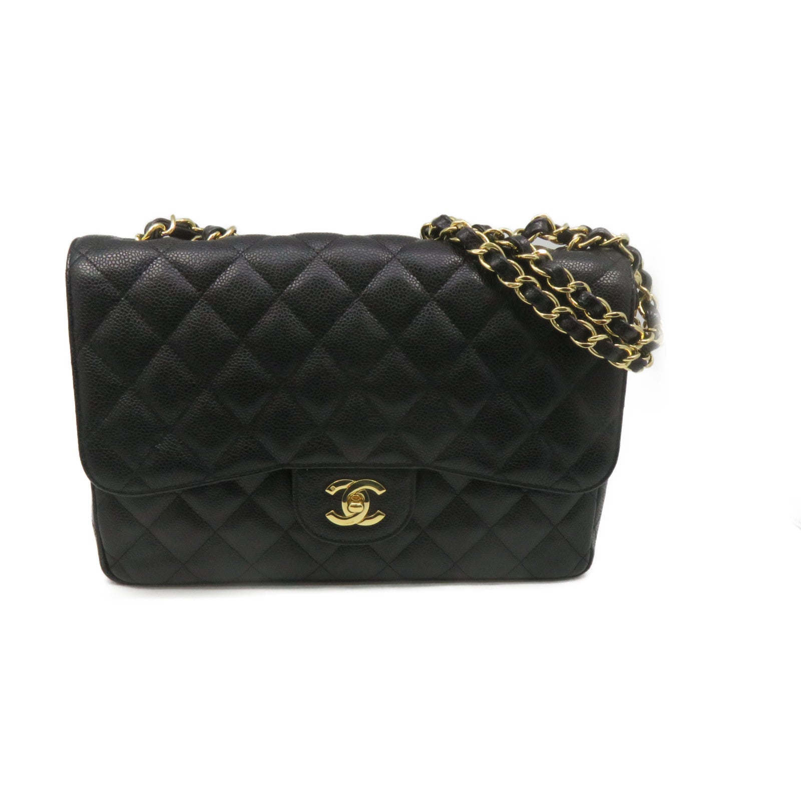CHANEL 【激減優惠】菱格Caviar皮革Jumbo Single Flap Chain Shoulder Bag金扣鏈帶肩背袋黑色