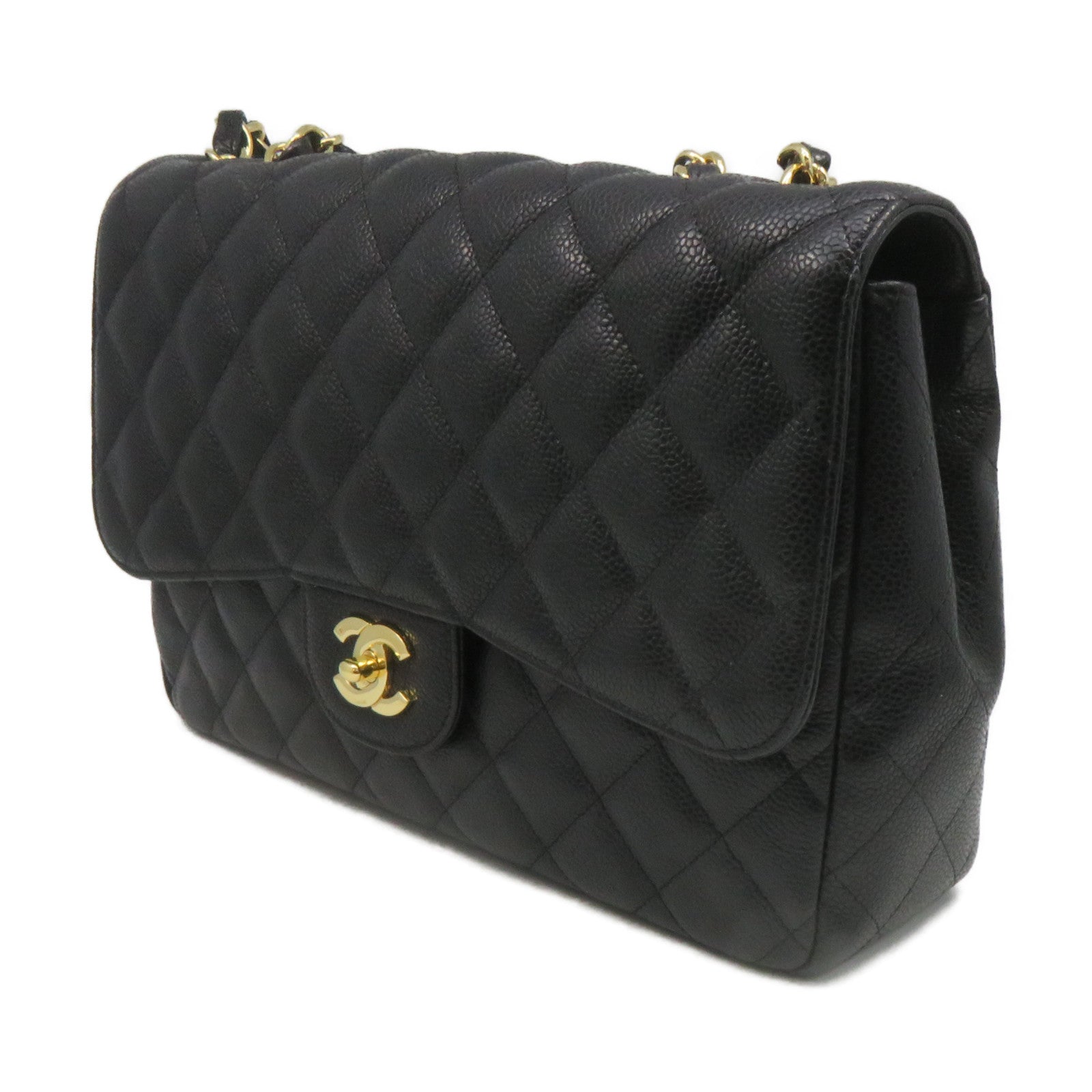 CHANEL 【激減優惠】菱格Caviar皮革Jumbo Single Flap Chain Shoulder Bag金扣鏈帶肩背袋黑色
