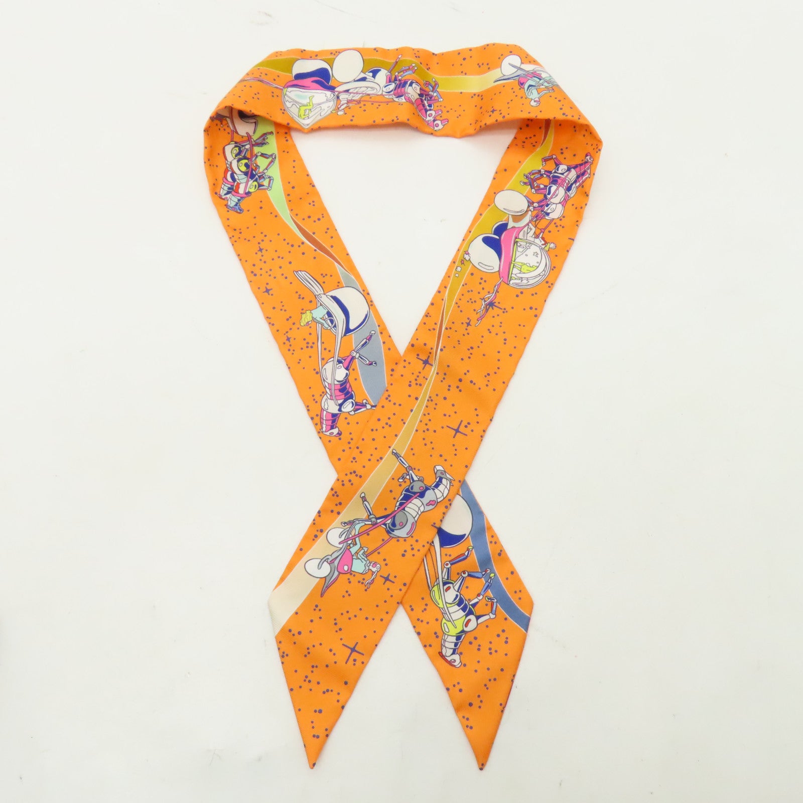 HERMES 【激減優惠】絲質Twilly絲巾橙色/藍色