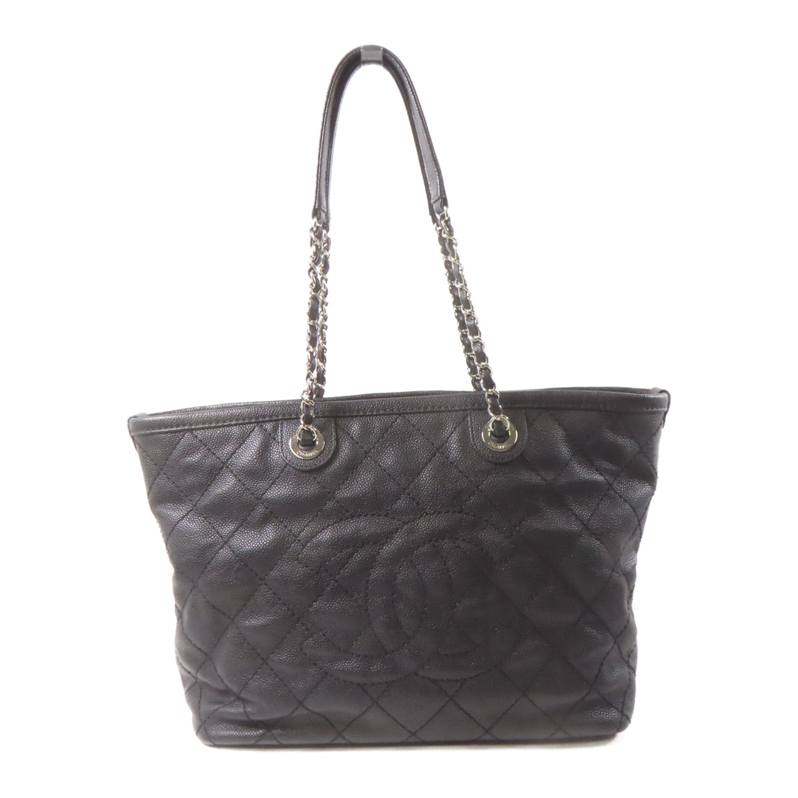 CHANEL 菱格Caviar皮革Totebag鏈帶手挽袋銀扣黑色