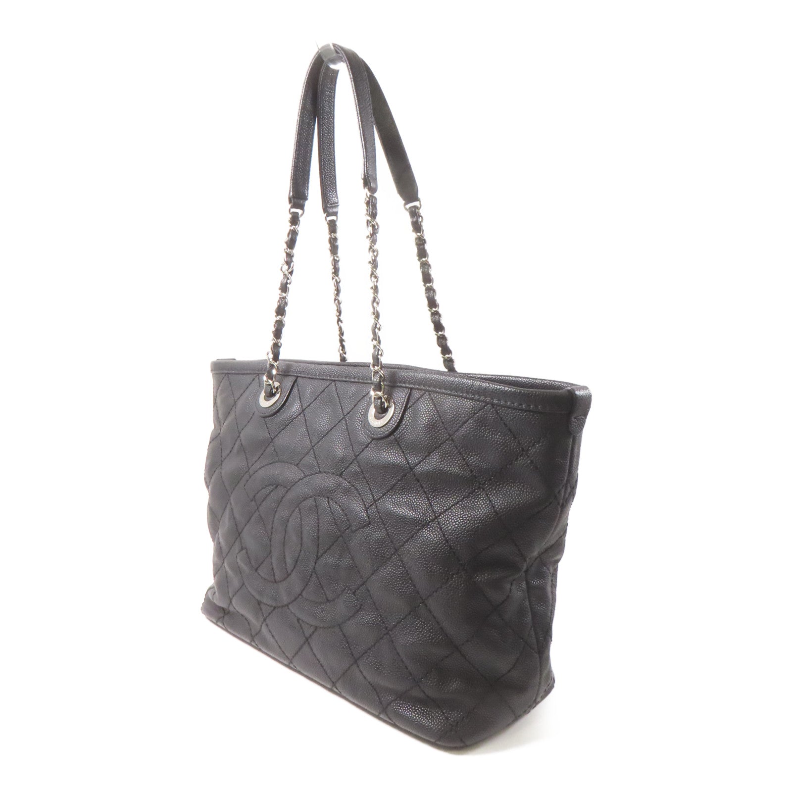 CHANEL 菱格Caviar皮革Totebag鏈帶手挽袋銀扣黑色