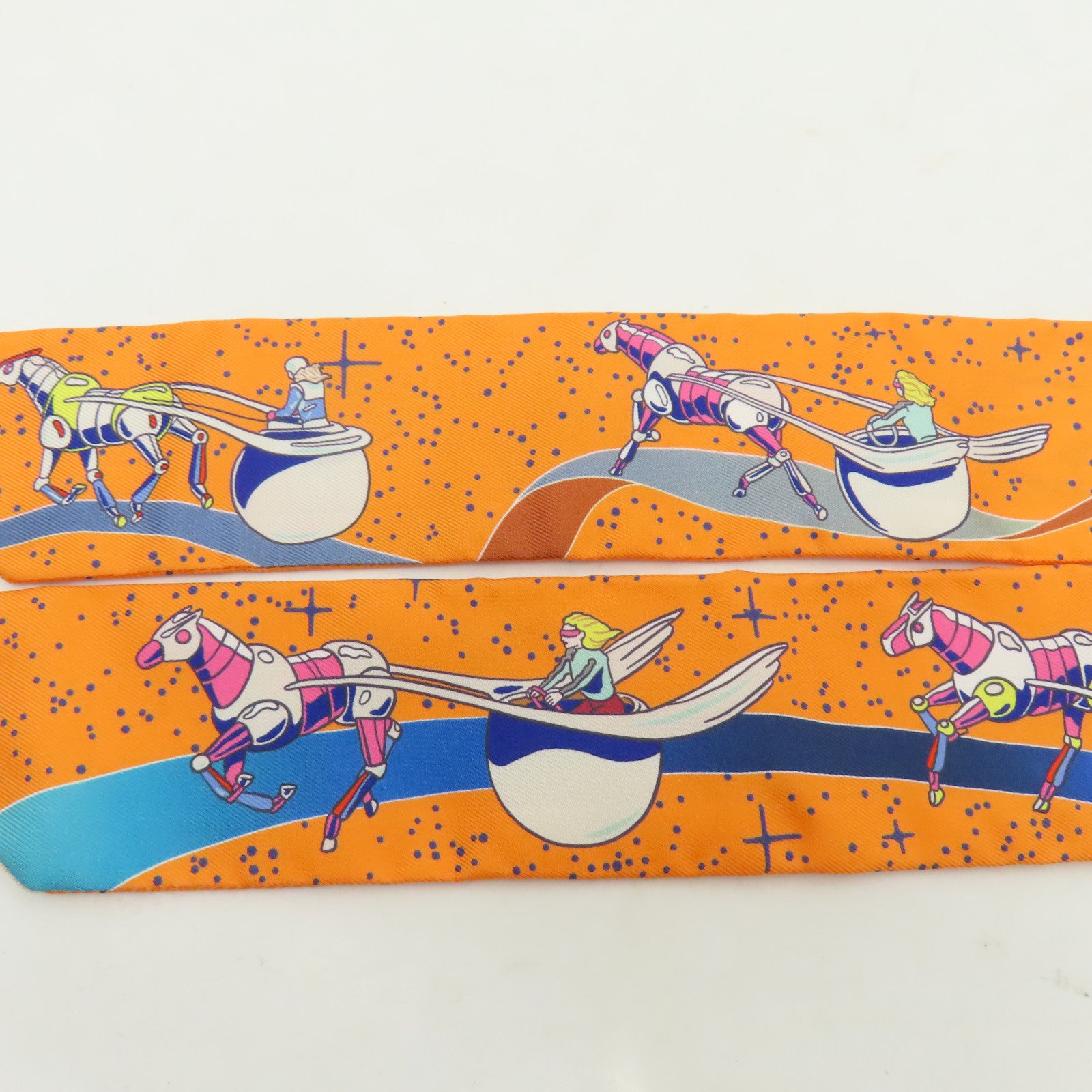 HERMES 【激減優惠】絲質Twilly絲巾橙色/藍色