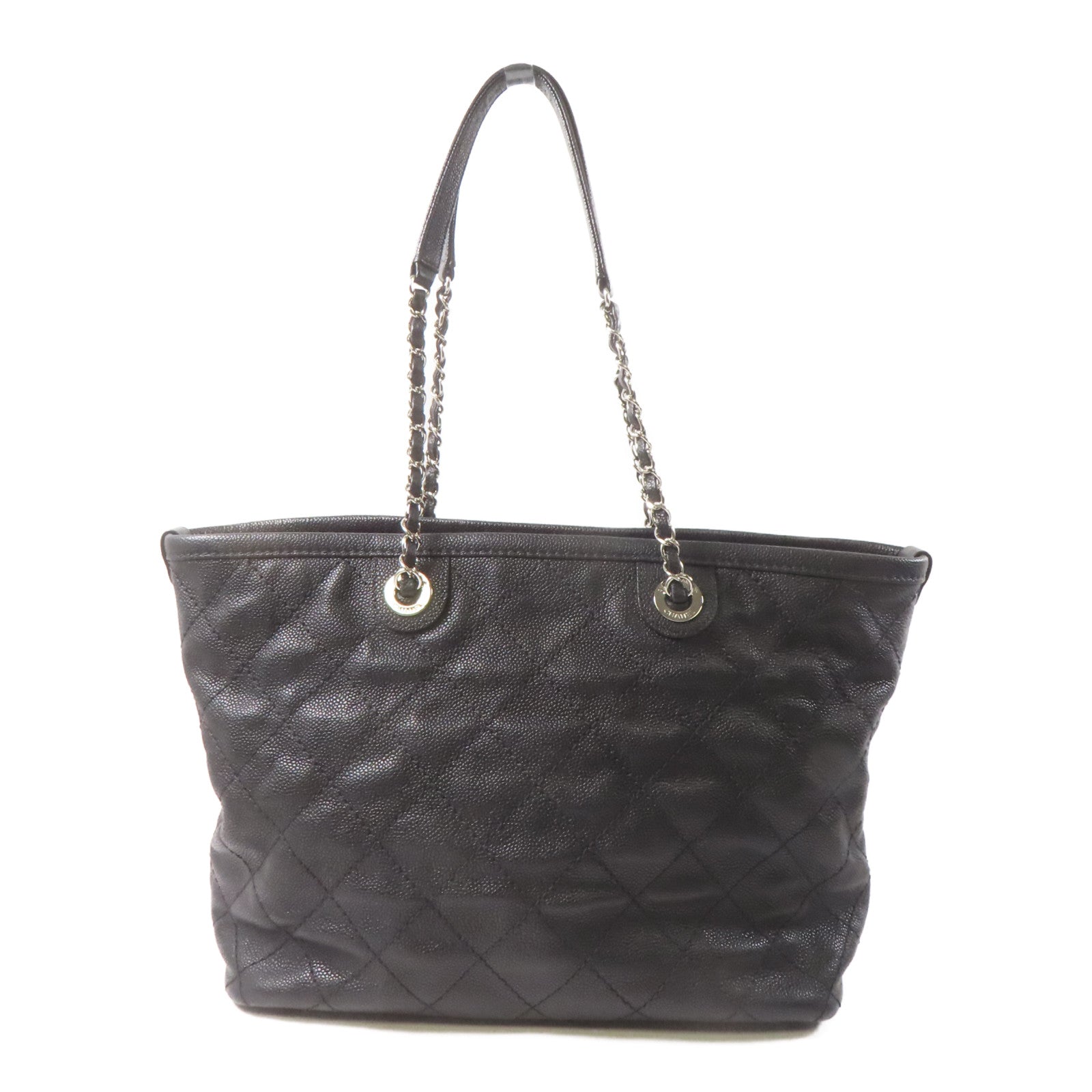 CHANEL 菱格Caviar皮革Totebag鏈帶手挽袋銀扣黑色