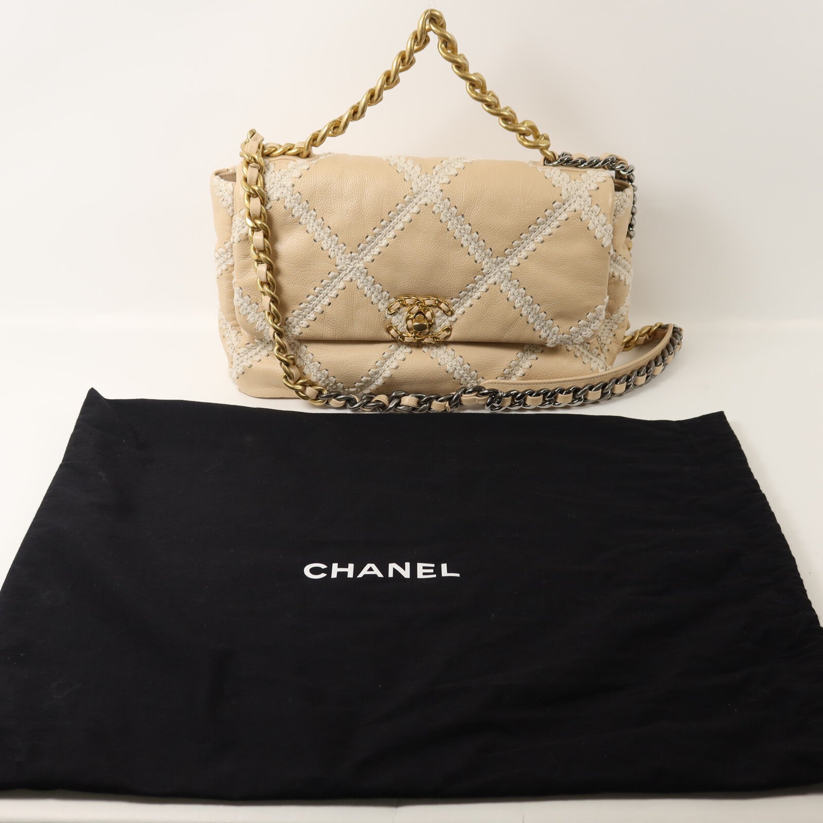 CHANEL 羊皮皮革/帆布Chanel C19 Small鏈帶手挽肩背兩用袋
