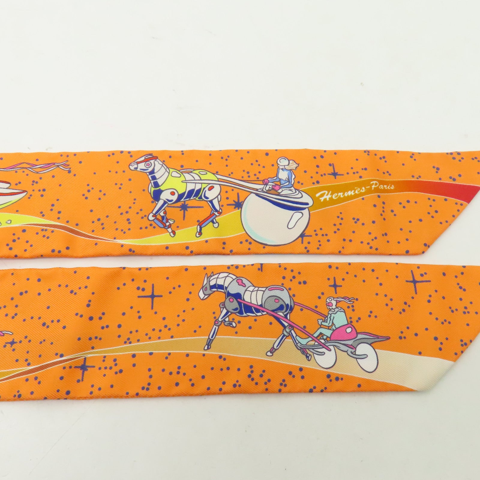 HERMES 【激減優惠】絲質Twilly絲巾橙色/藍色