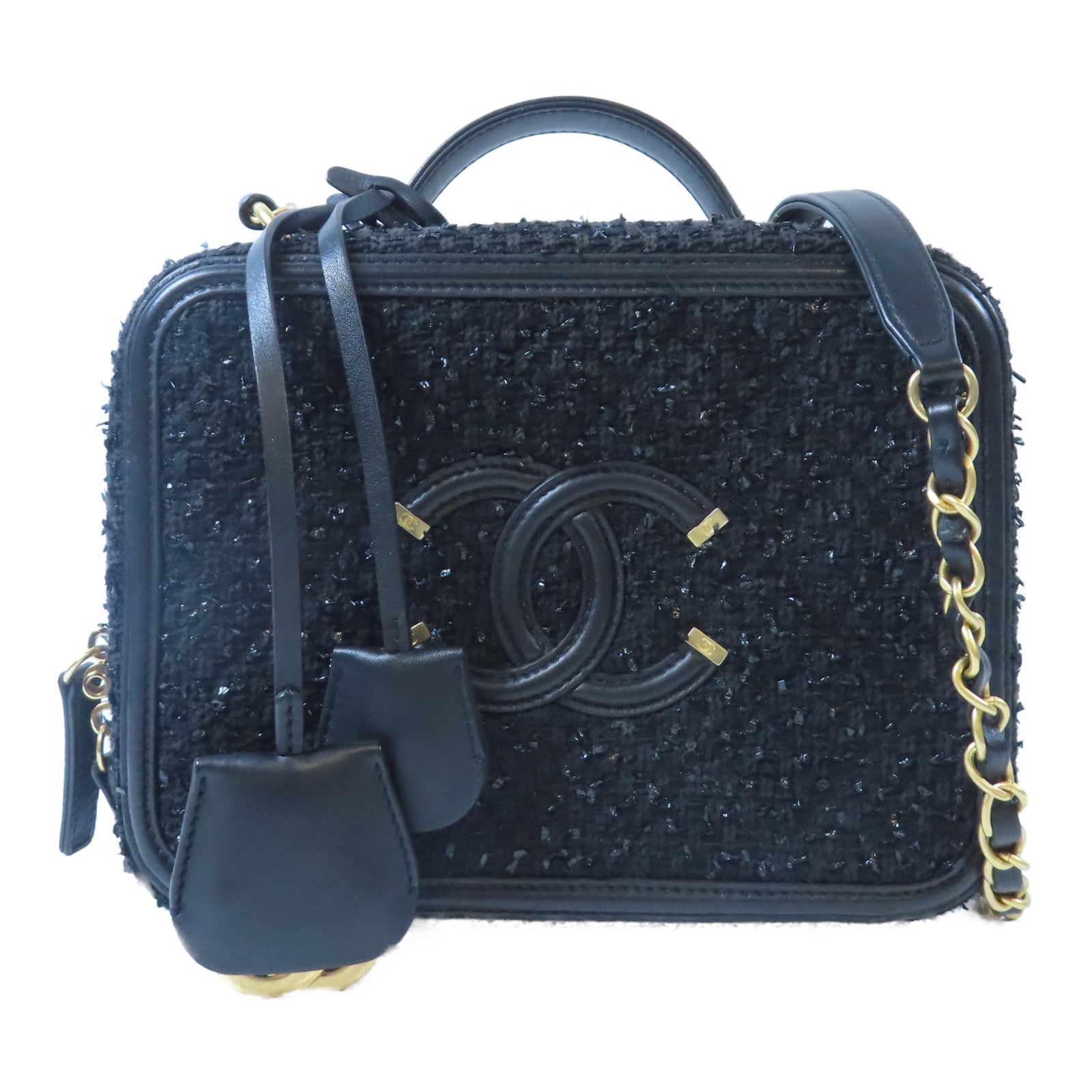 CHANEL 【激減優惠】菱格Tweed Vanity Case金扣鏈帶手挽肩背兩用袋黑色