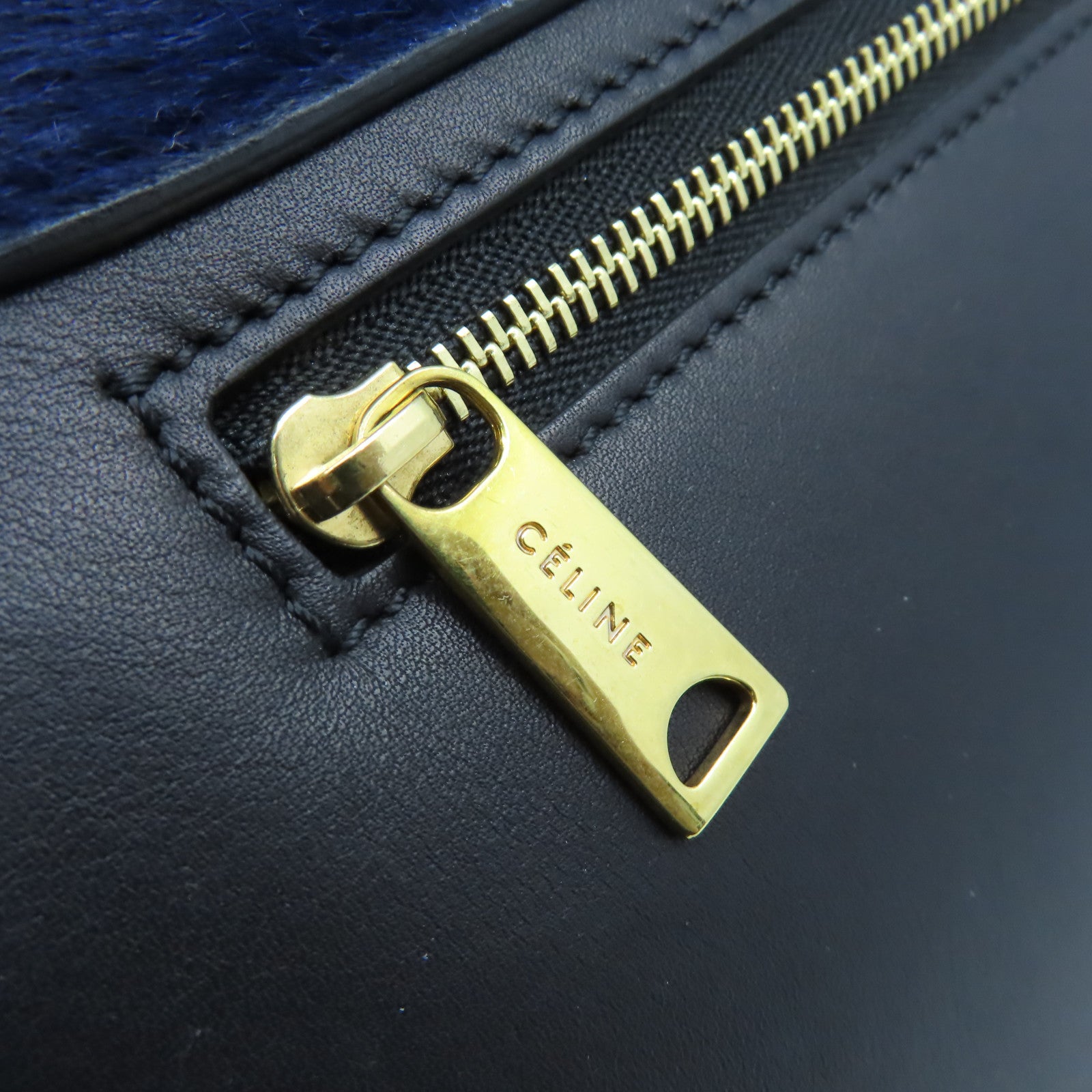 CELINE 馬毛/牛皮皮革Trapeze 2Way Shoulder Bag金扣手挽肩背兩用袋黑色/深藍色/灰色