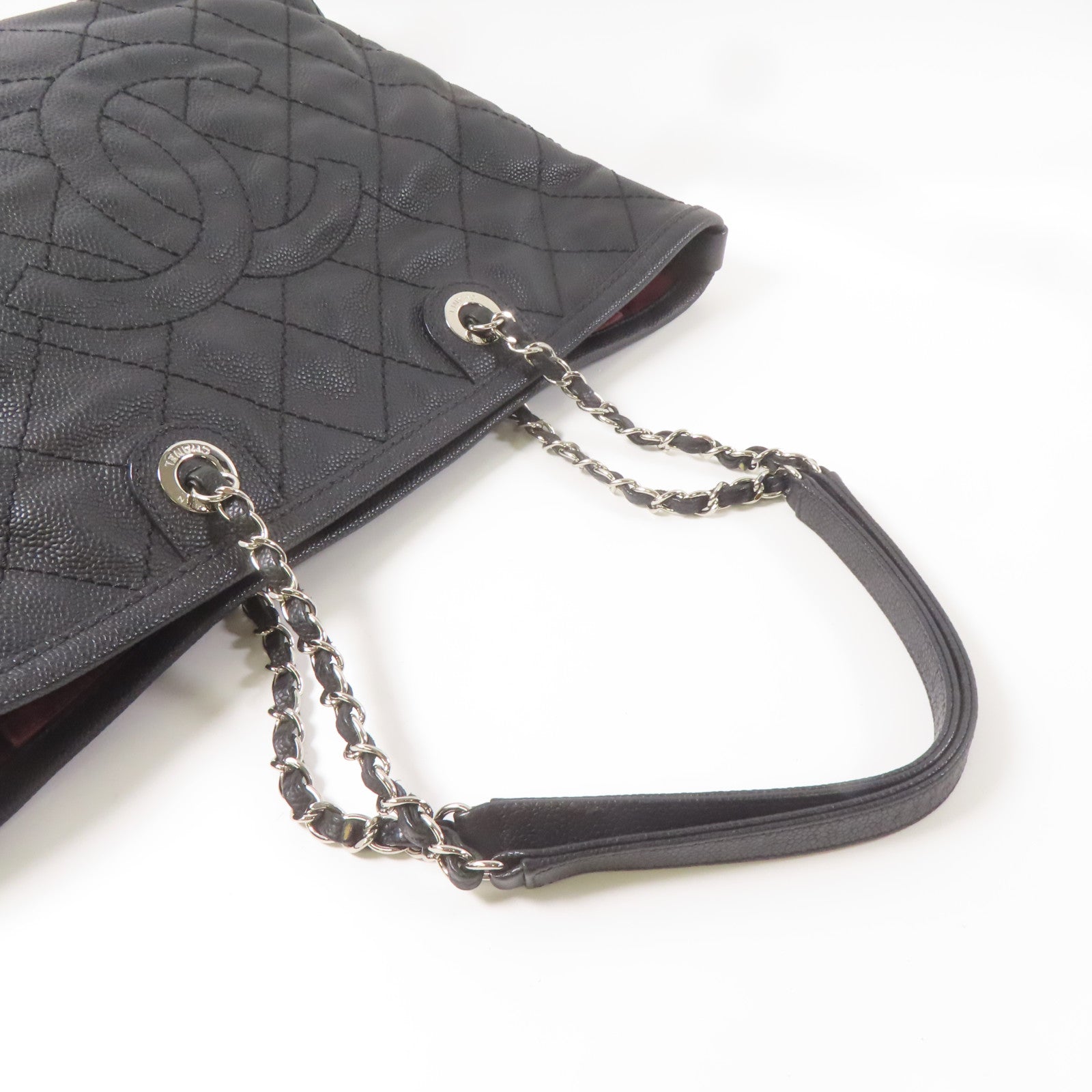 CHANEL 菱格Caviar皮革Totebag鏈帶手挽袋銀扣黑色
