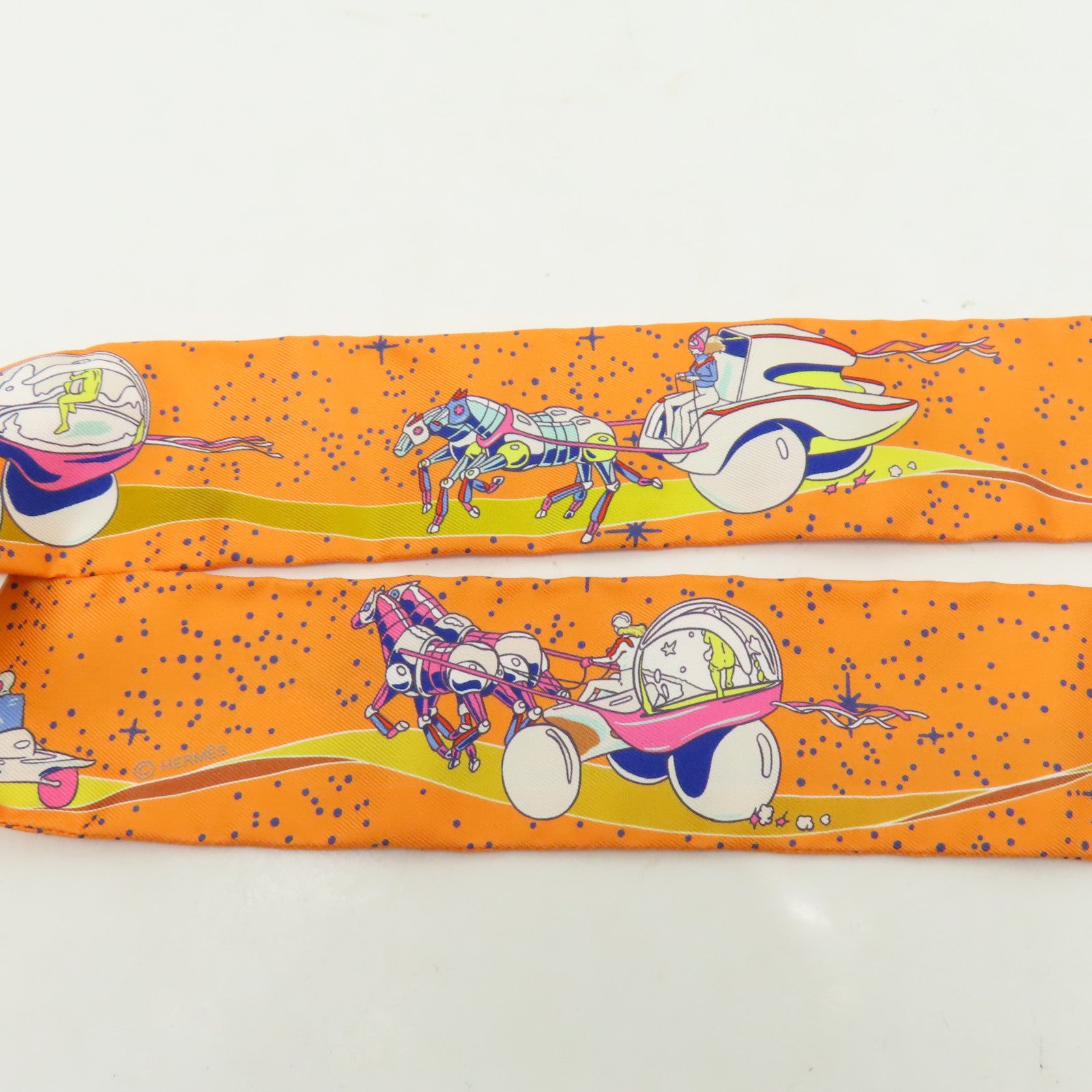 HERMES 【激減優惠】絲質Twilly絲巾橙色/藍色