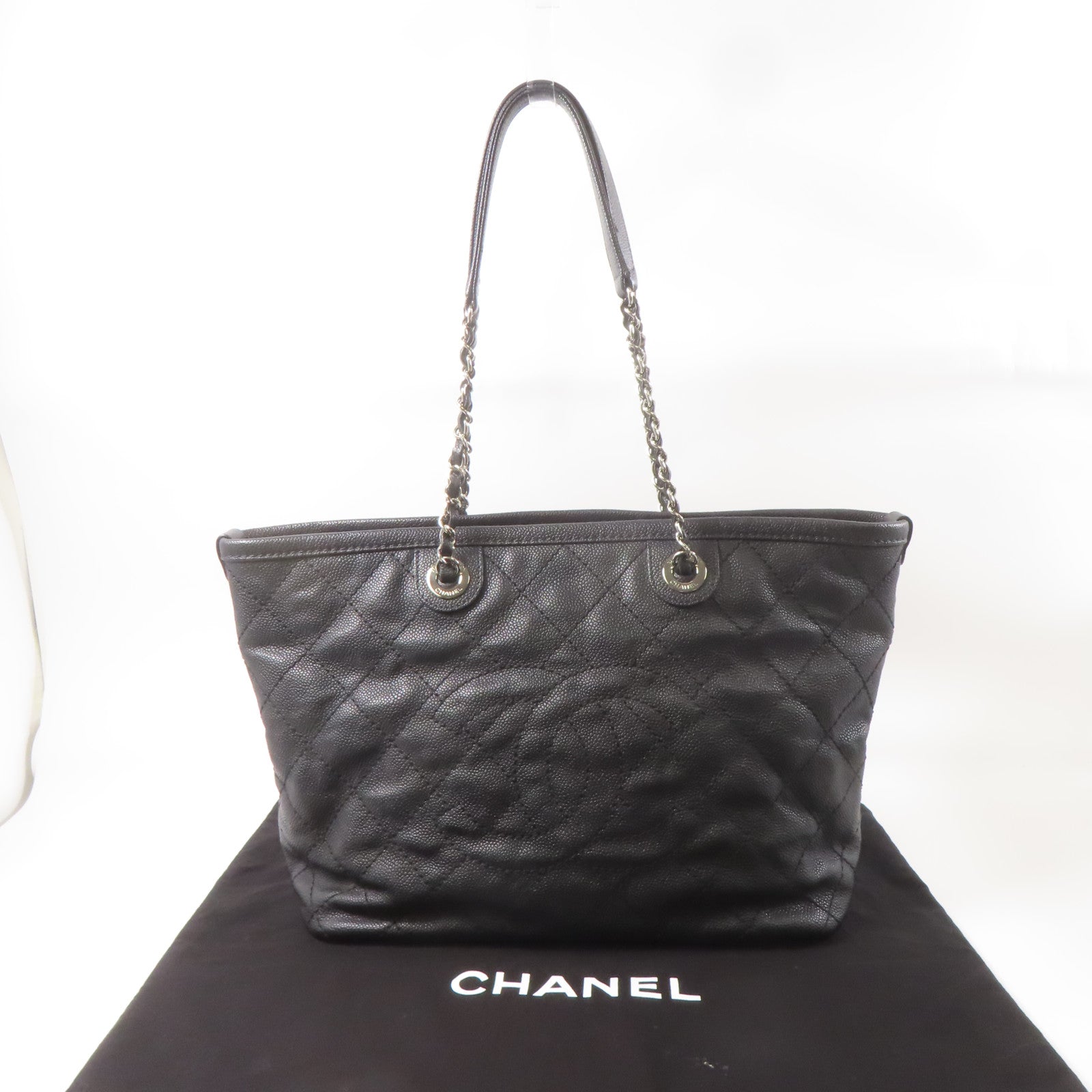 CHANEL 菱格Caviar皮革Totebag鏈帶手挽袋銀扣黑色