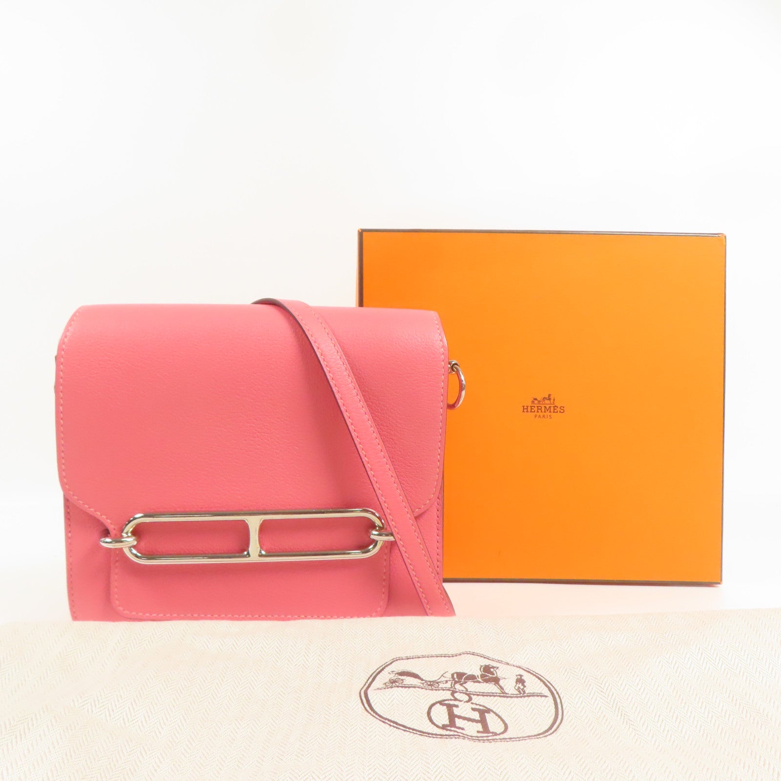 HERMES Evercolor皮革Mini Roulis銀扣肩背袋Rose Azalee