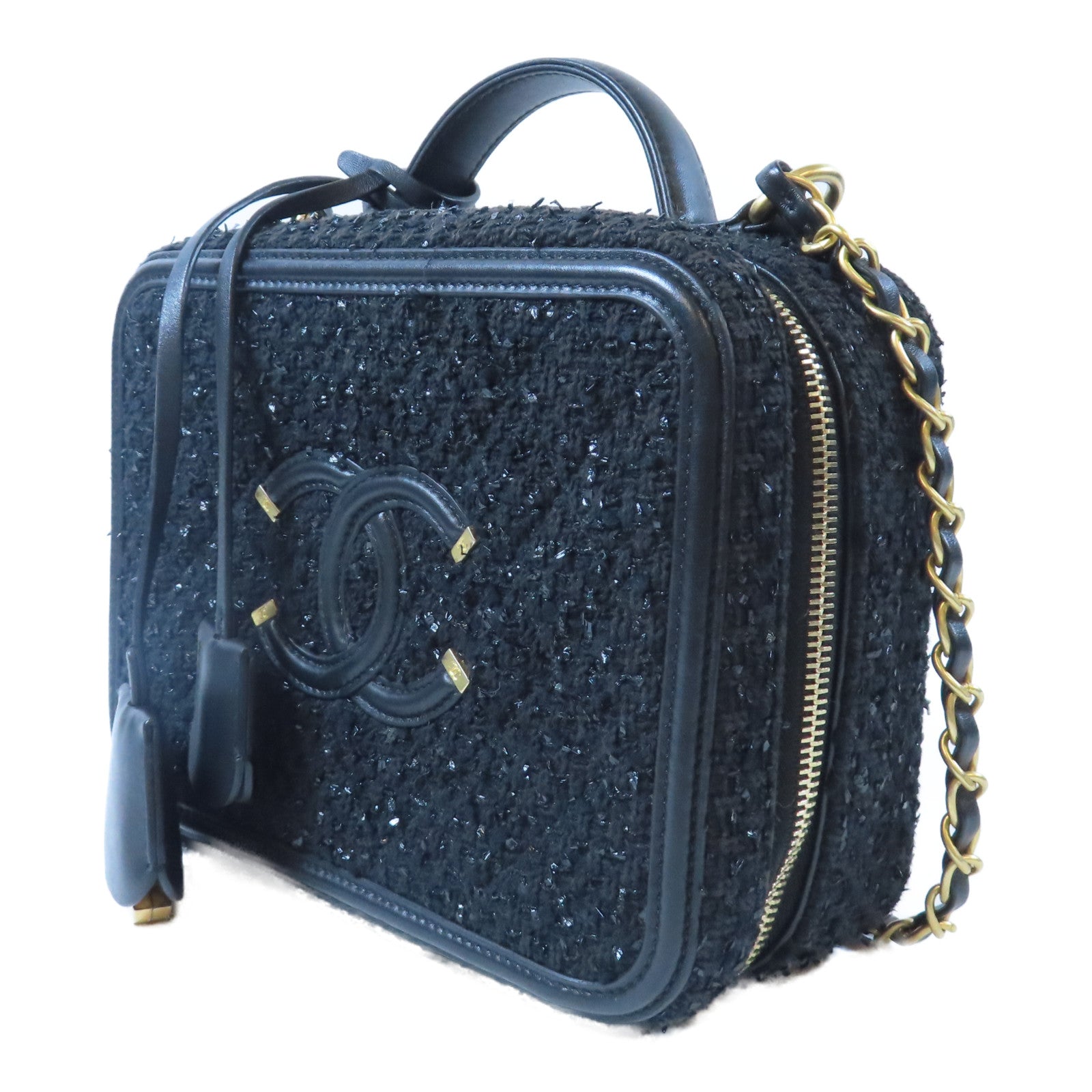 CHANEL 【激減優惠】菱格Tweed Vanity Case金扣鏈帶手挽肩背兩用袋黑色