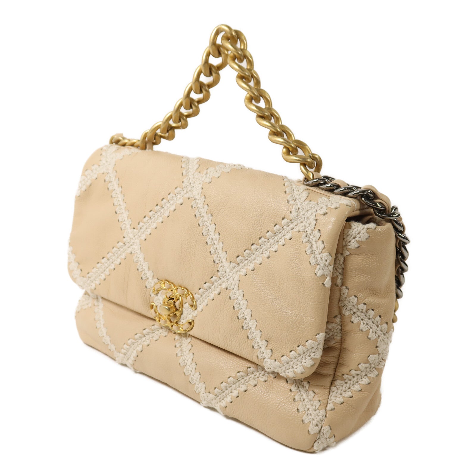 CHANEL 羊皮皮革/帆布Chanel C19 Small鏈帶手挽肩背兩用袋