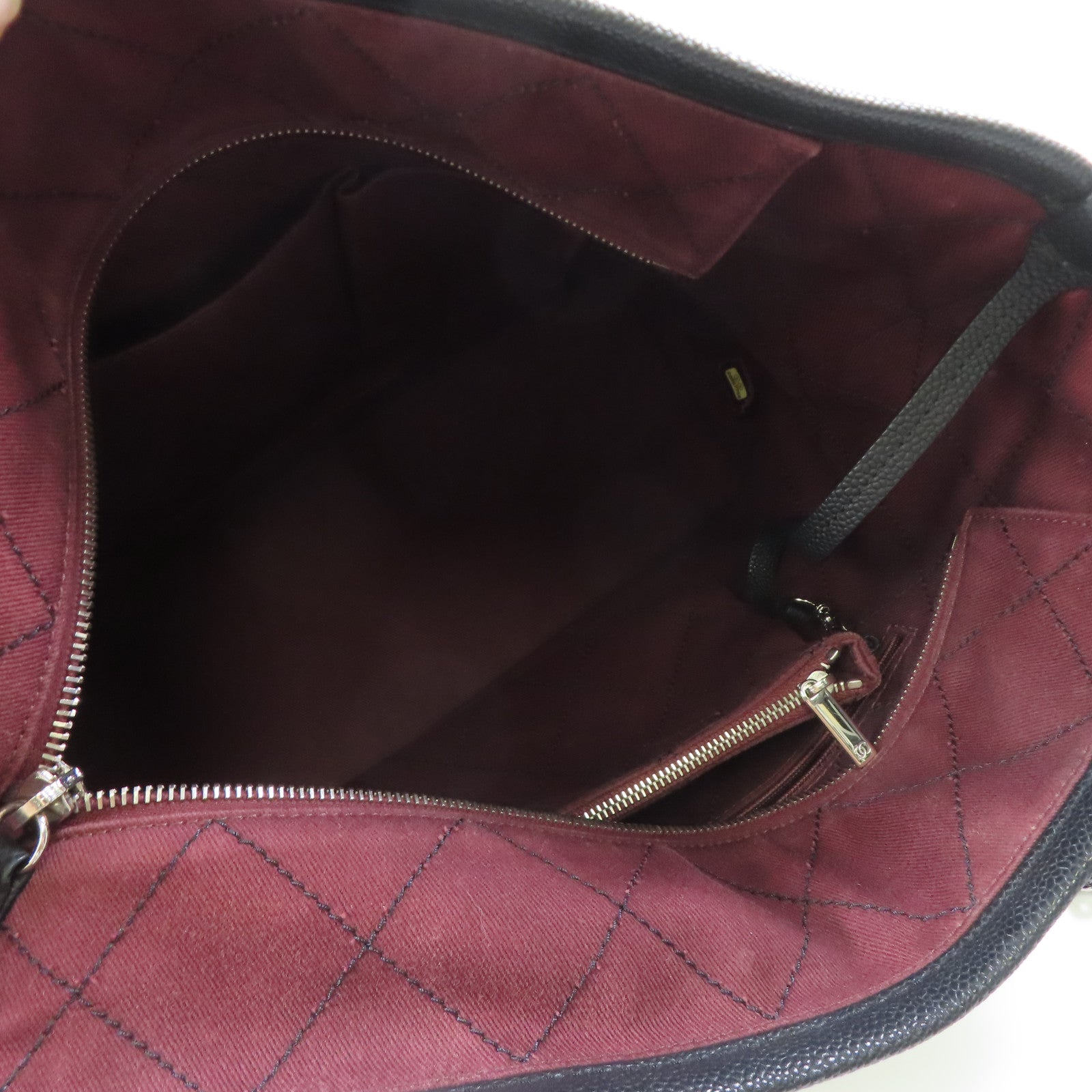 CHANEL 菱格Caviar皮革Totebag鏈帶手挽袋銀扣黑色