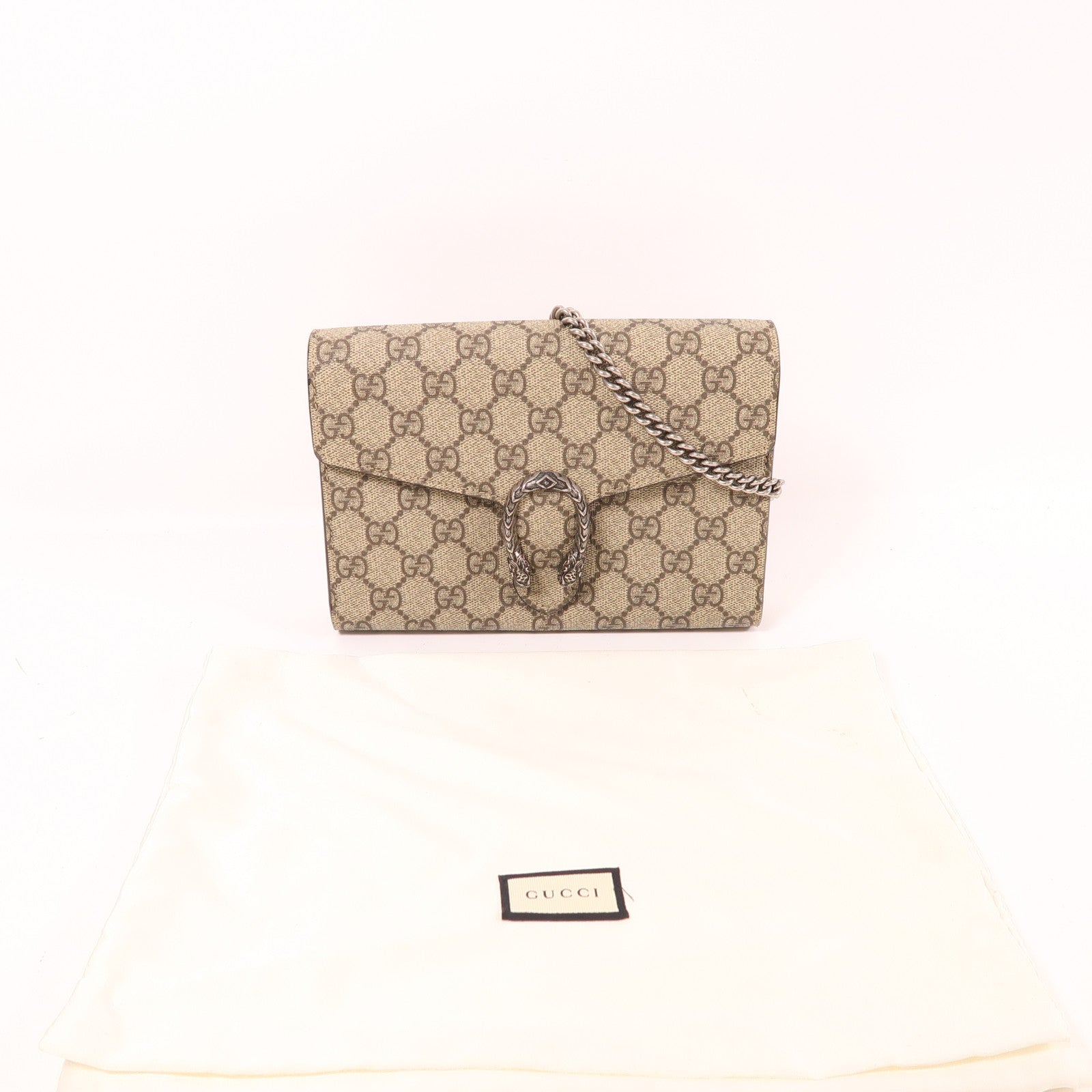 GUCCI 塗層帆布Dionysus GG Supreme銀扣鏈帶肩背袋