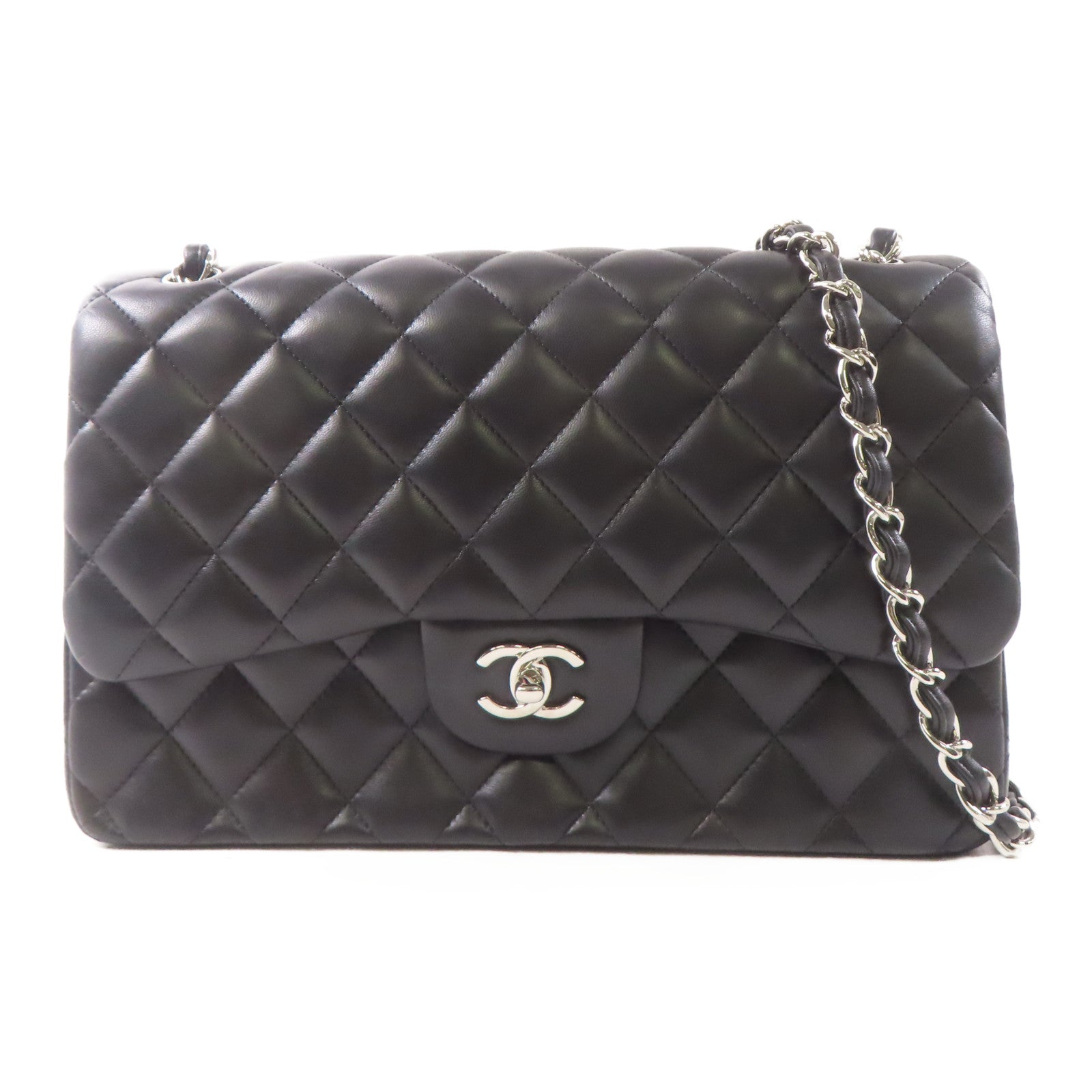 CHANEL 羊皮皮革Large Classic銀扣鏈帶肩背袋黑色