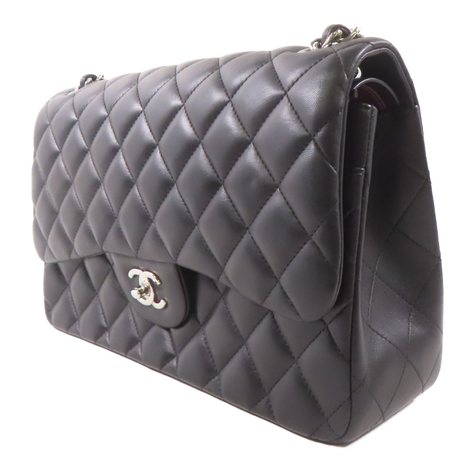 CHANEL 羊皮皮革Large Classic銀扣鏈帶肩背袋黑色
