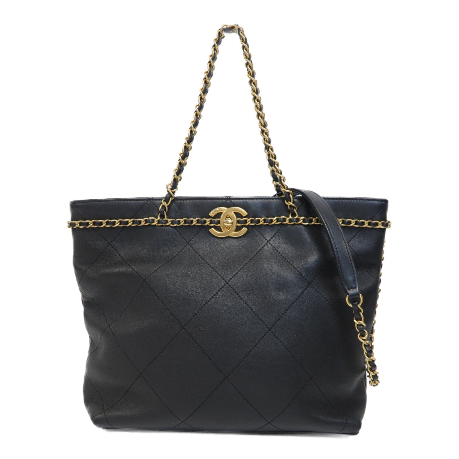 CHANEL 菱格羊皮皮革2way Chain Shoulder Bag金扣鏈帶手挽肩背兩用袋黑色