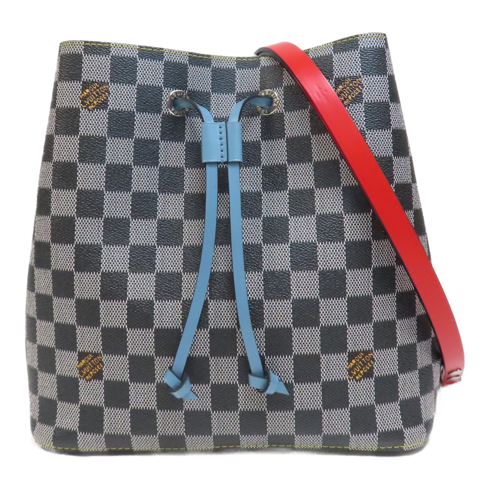 LOUIS VUITTON Damier NéoNoé MM銀扣肩背袋黑色/白色/藍色
