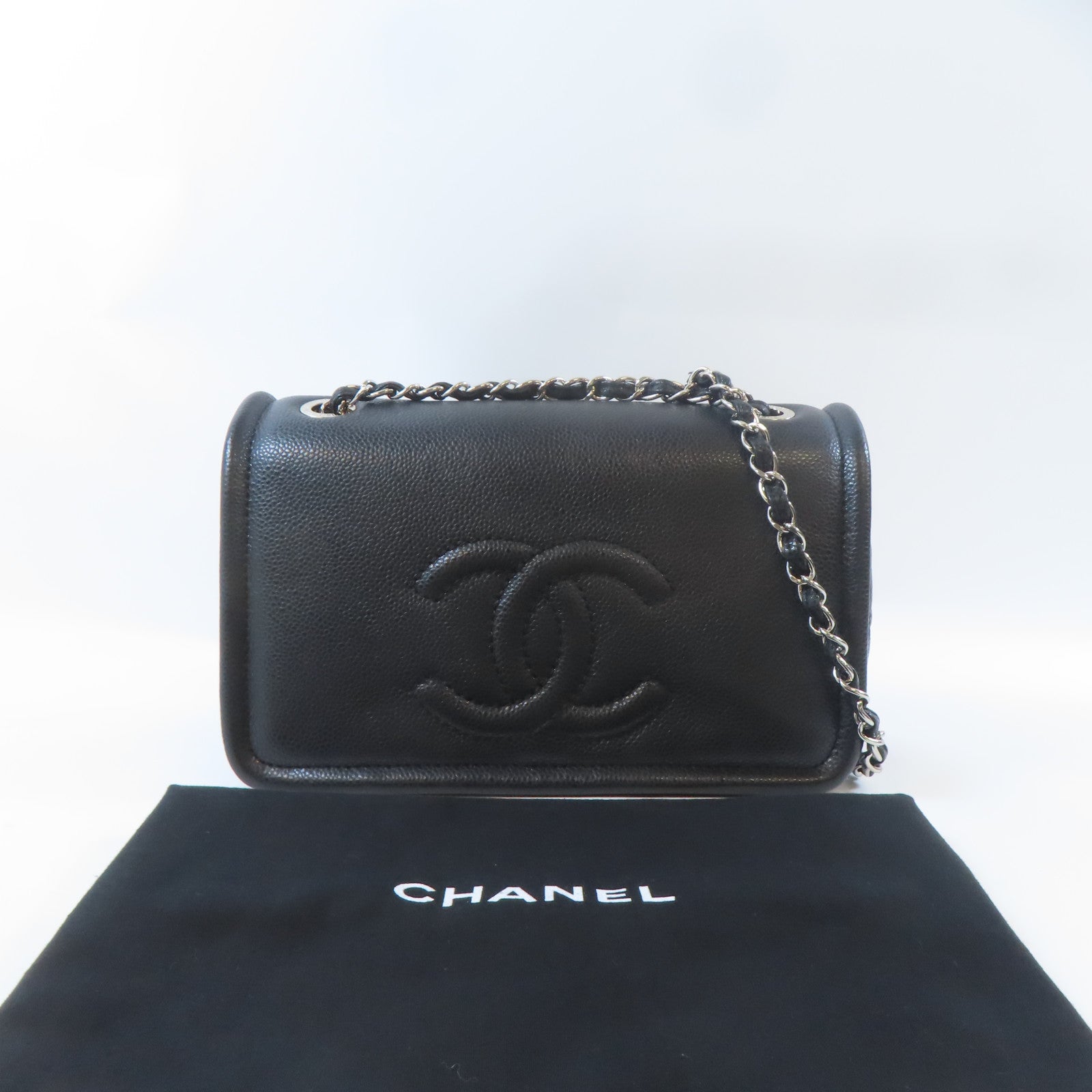 CHANEL Caviar皮革Chain Shoulder Bag銀扣鏈帶肩背袋黑色
