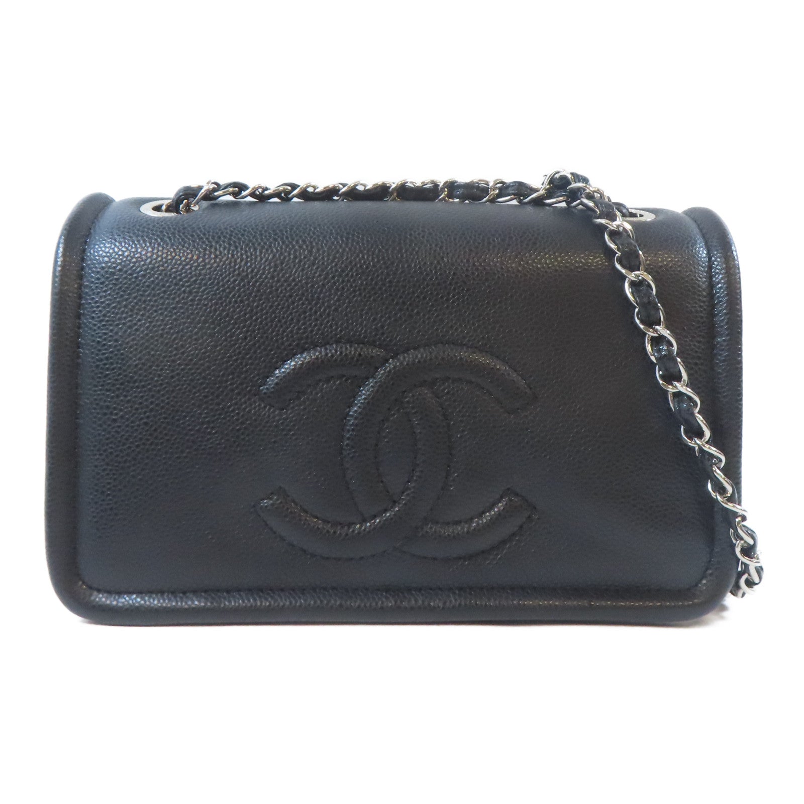 CHANEL Caviar皮革Chain Shoulder Bag銀扣鏈帶肩背袋黑色