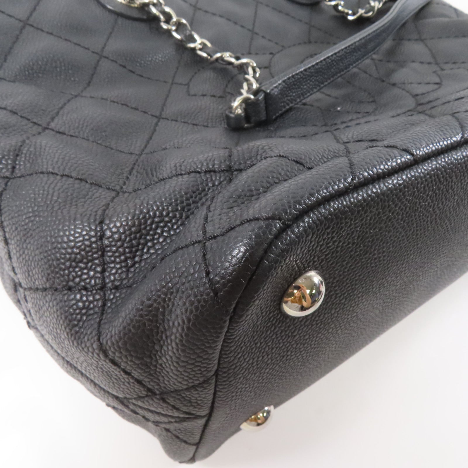 CHANEL 菱格Caviar皮革Totebag鏈帶手挽袋銀扣黑色