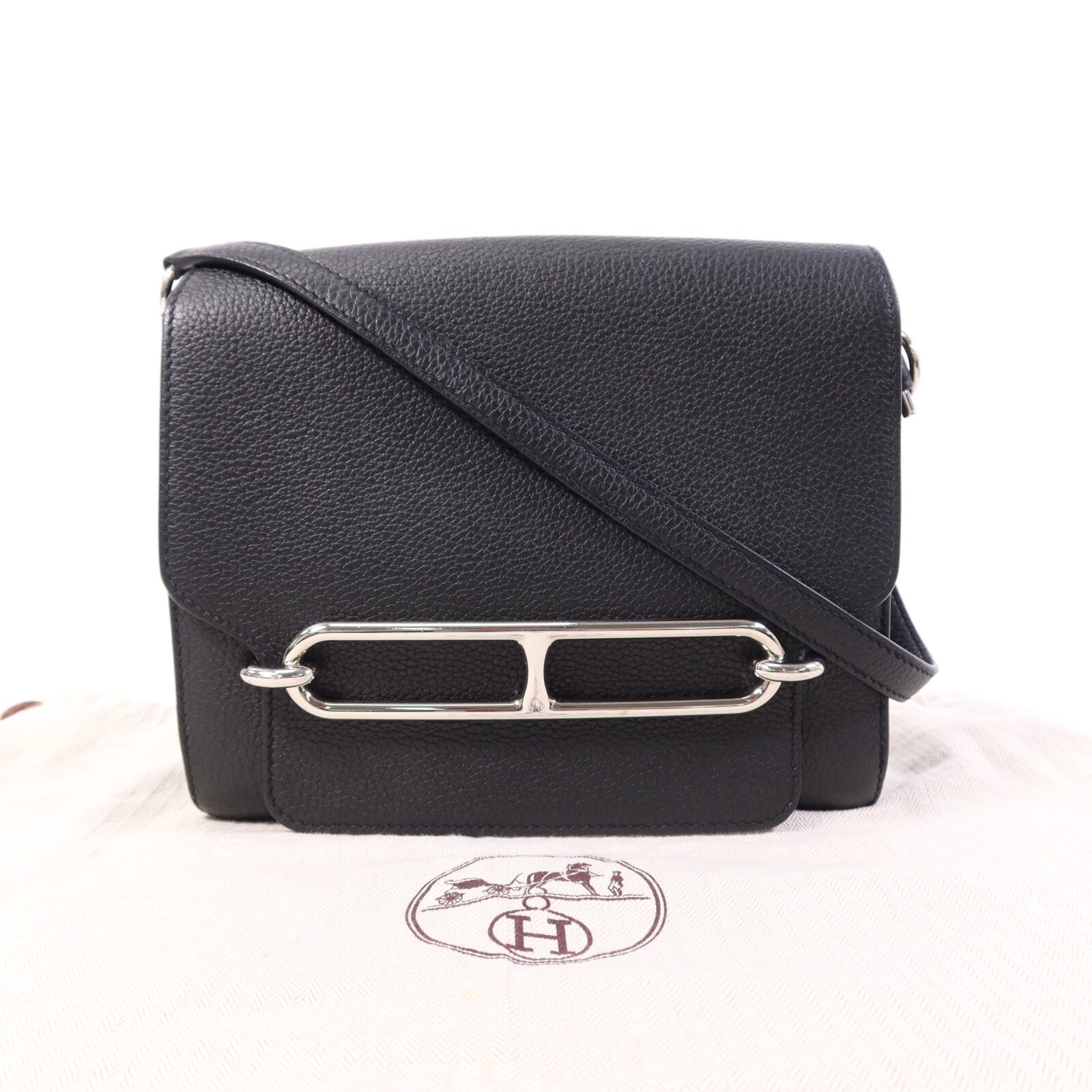 HERMES Clemence皮革Roulis 23銀扣肩背袋Noir