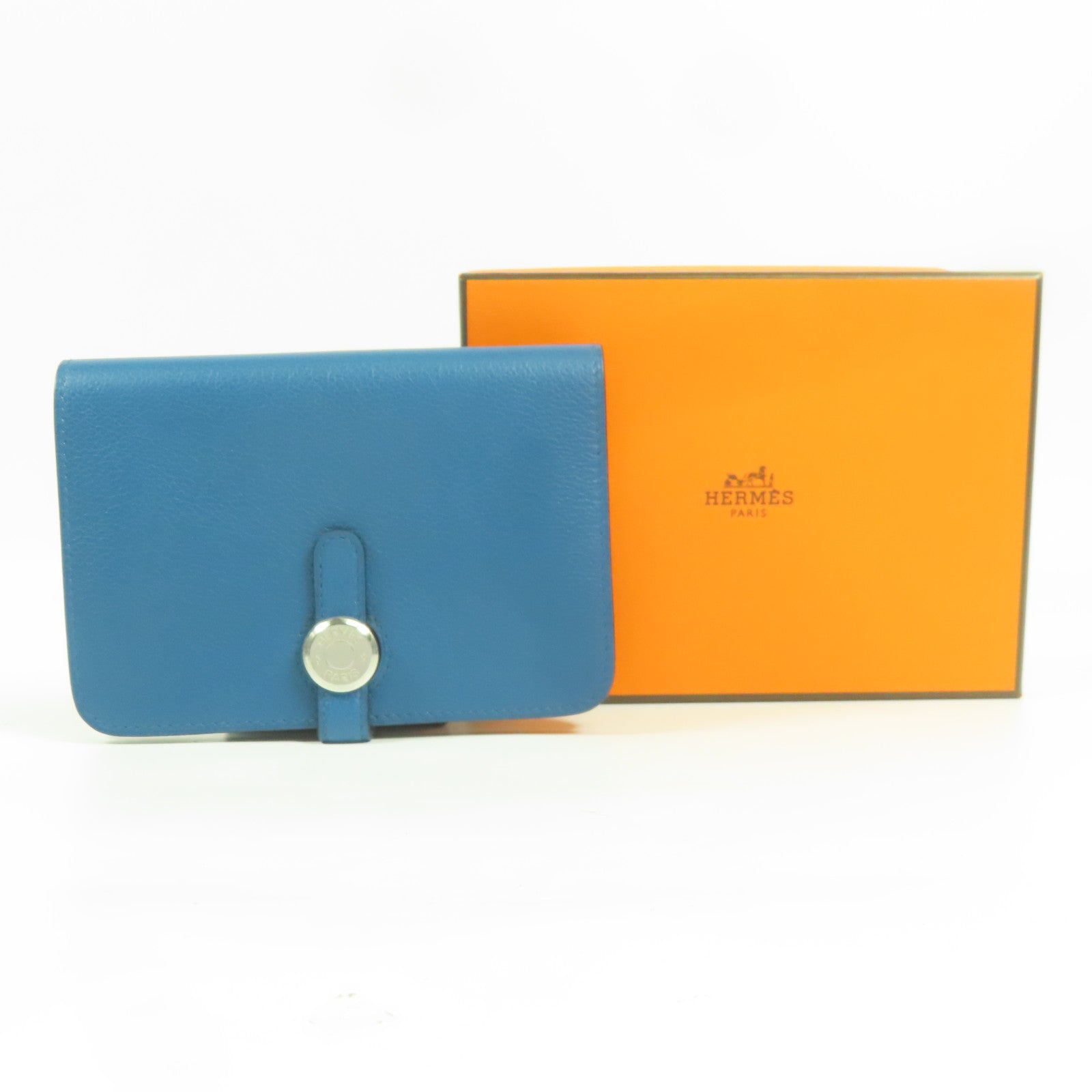 HERMES Evercolor皮革Dogon Compact銀扣錢包Bleu De Galice