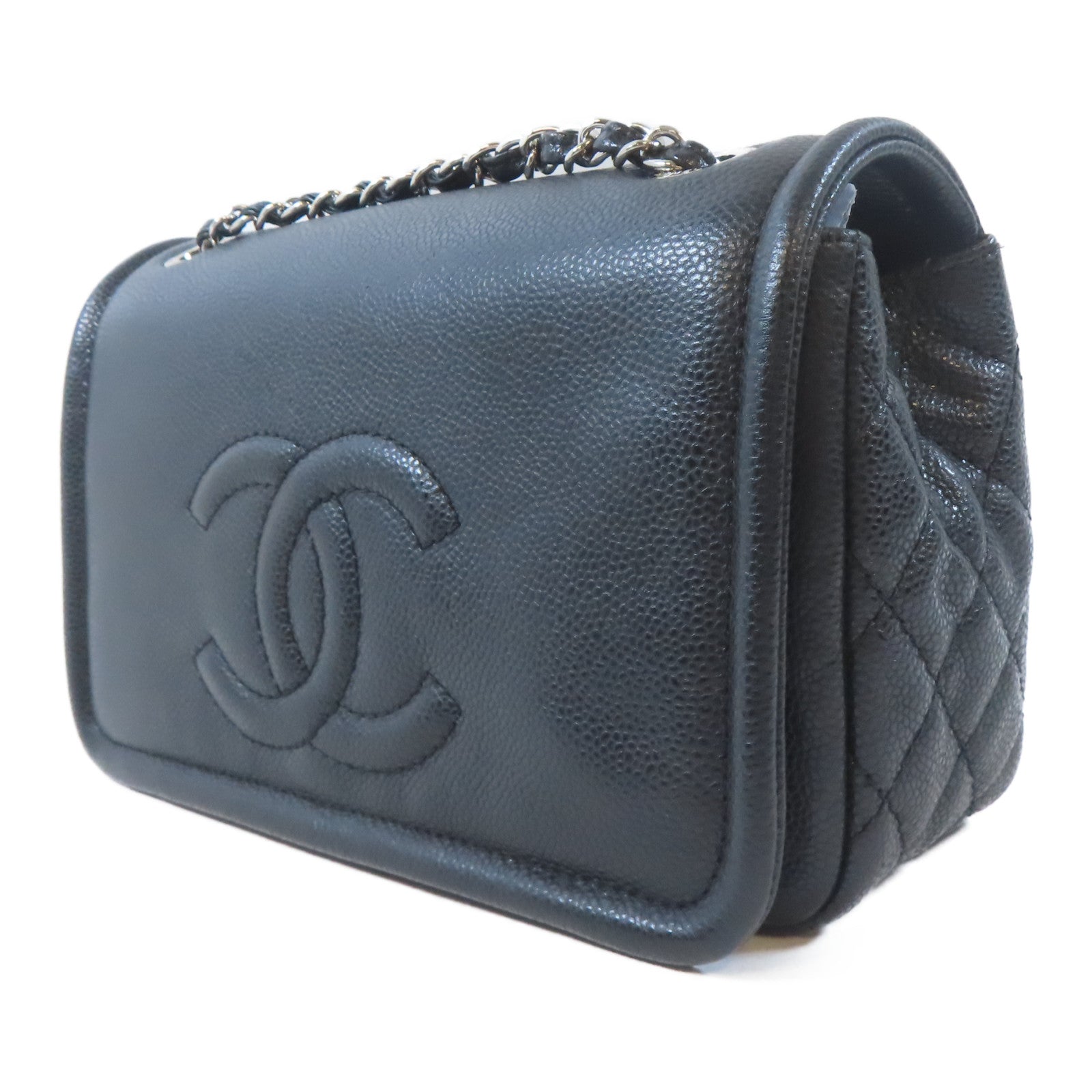 CHANEL Caviar皮革Chain Shoulder Bag銀扣鏈帶肩背袋黑色