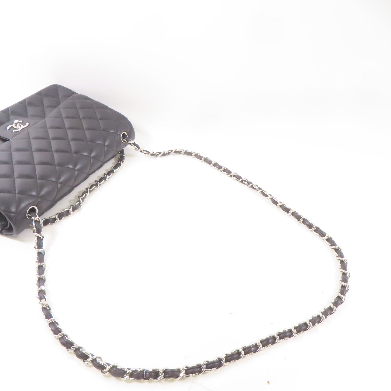 CHANEL 羊皮皮革Large Classic銀扣鏈帶肩背袋黑色