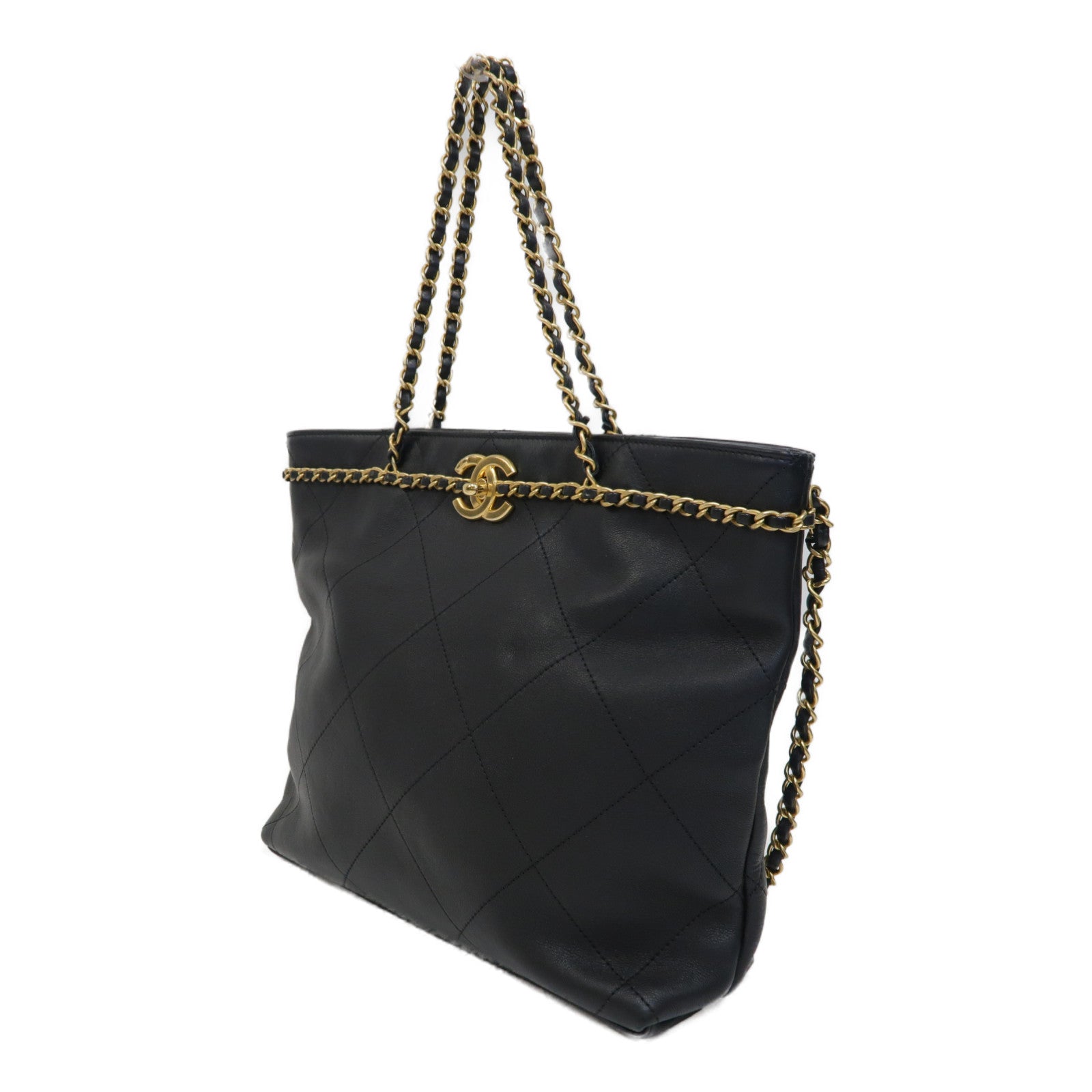 CHANEL 菱格羊皮皮革2way Chain Shoulder Bag金扣鏈帶手挽肩背兩用袋黑色