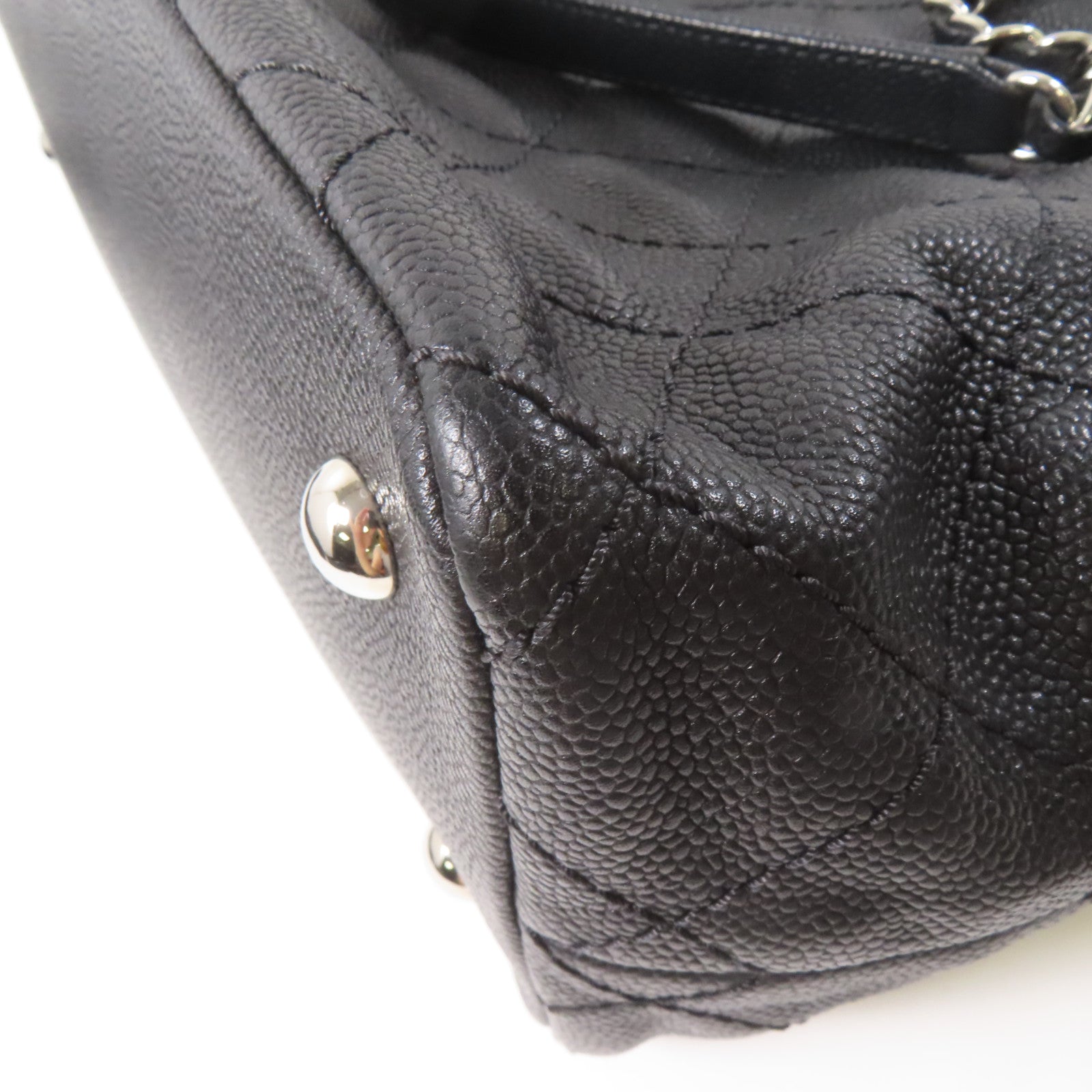 CHANEL 菱格Caviar皮革Totebag鏈帶手挽袋銀扣黑色