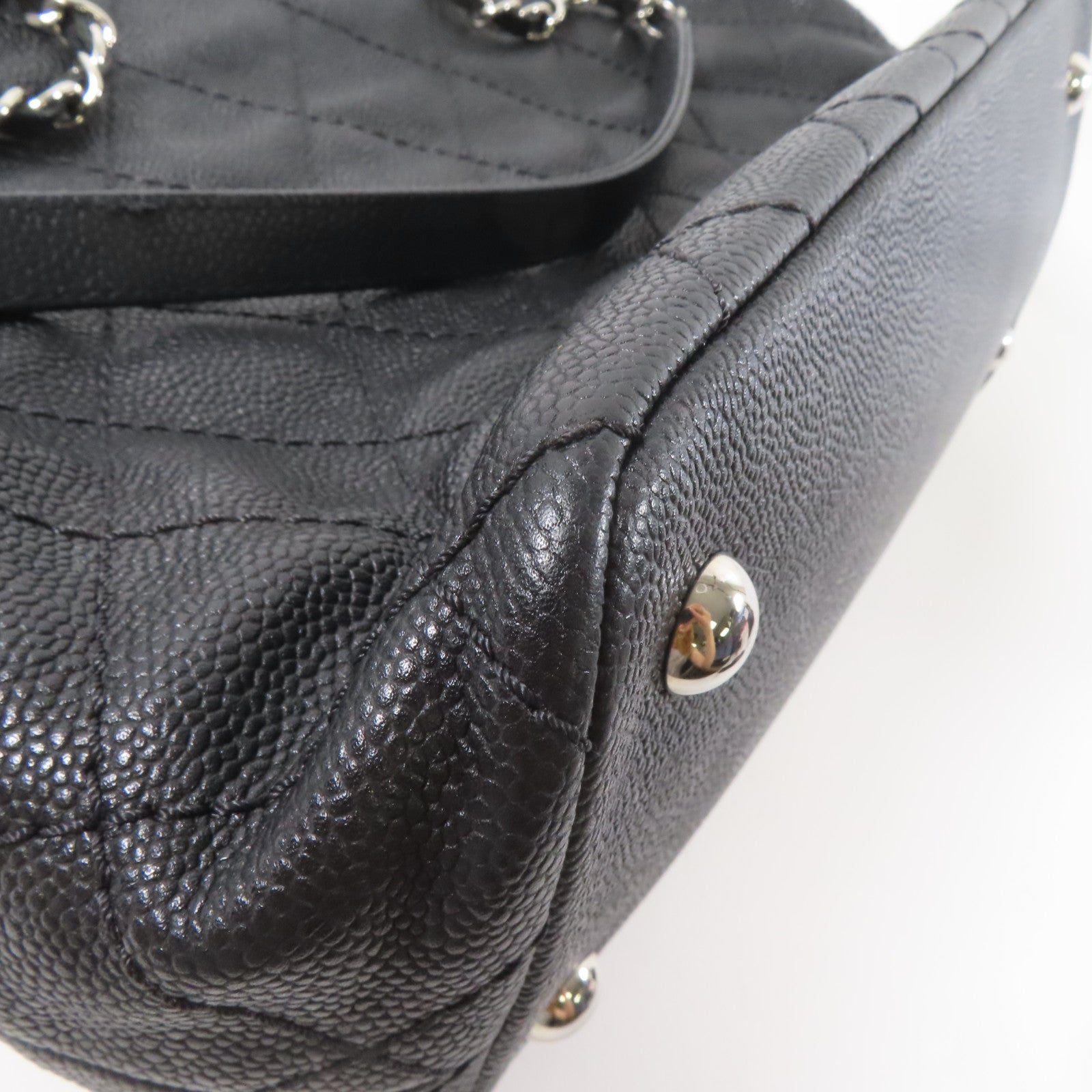 CHANEL 菱格Caviar皮革Totebag鏈帶手挽袋銀扣黑色