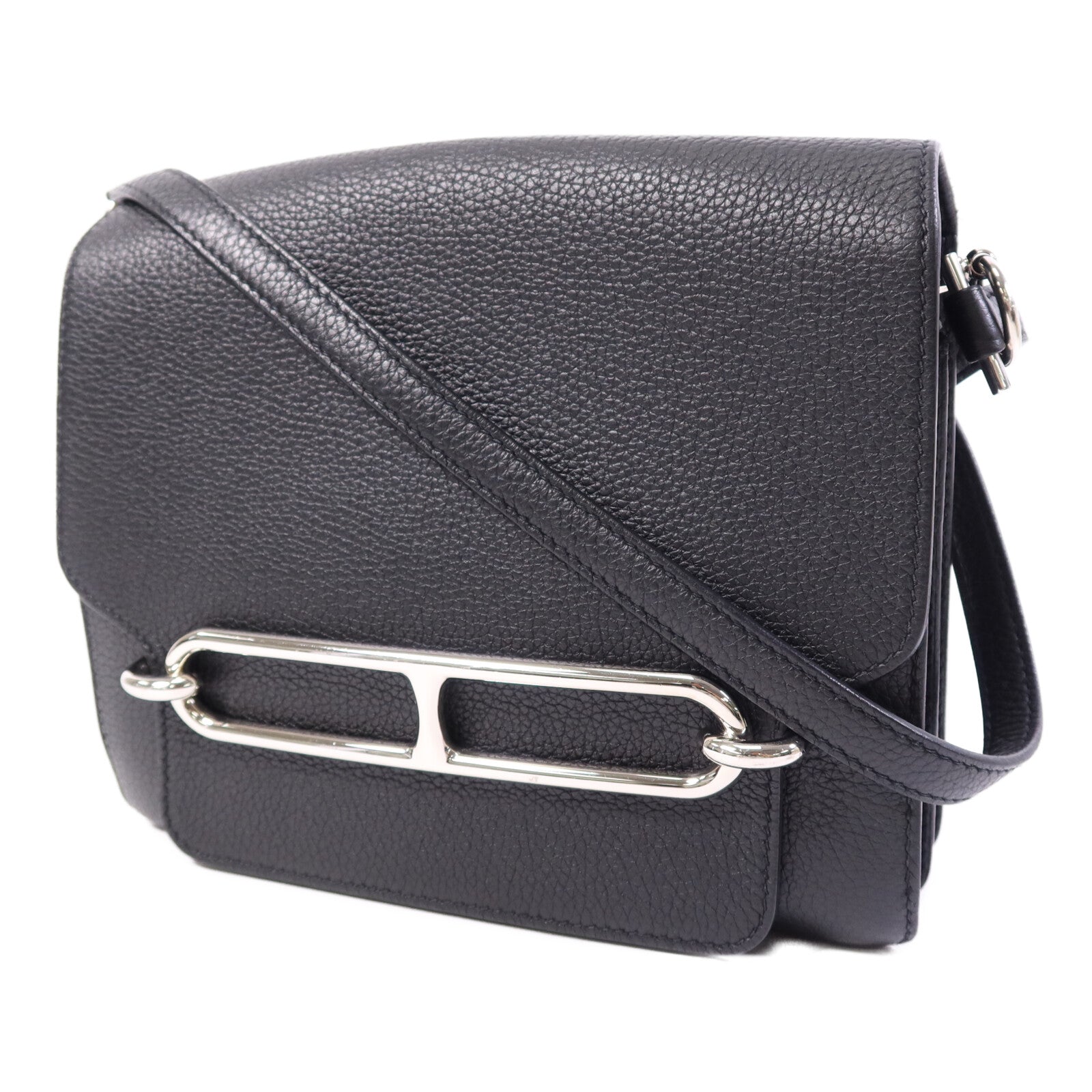 HERMES Clemence皮革Roulis 23銀扣肩背袋Noir