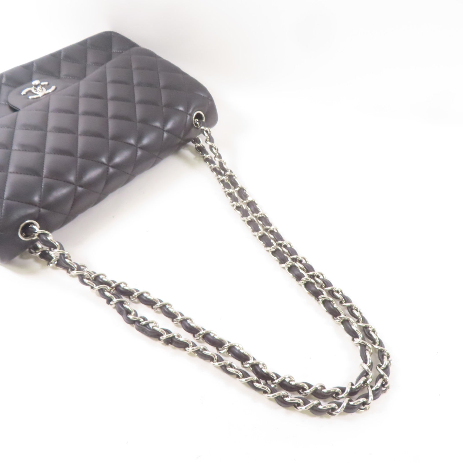 CHANEL 羊皮皮革Large Classic銀扣鏈帶肩背袋黑色