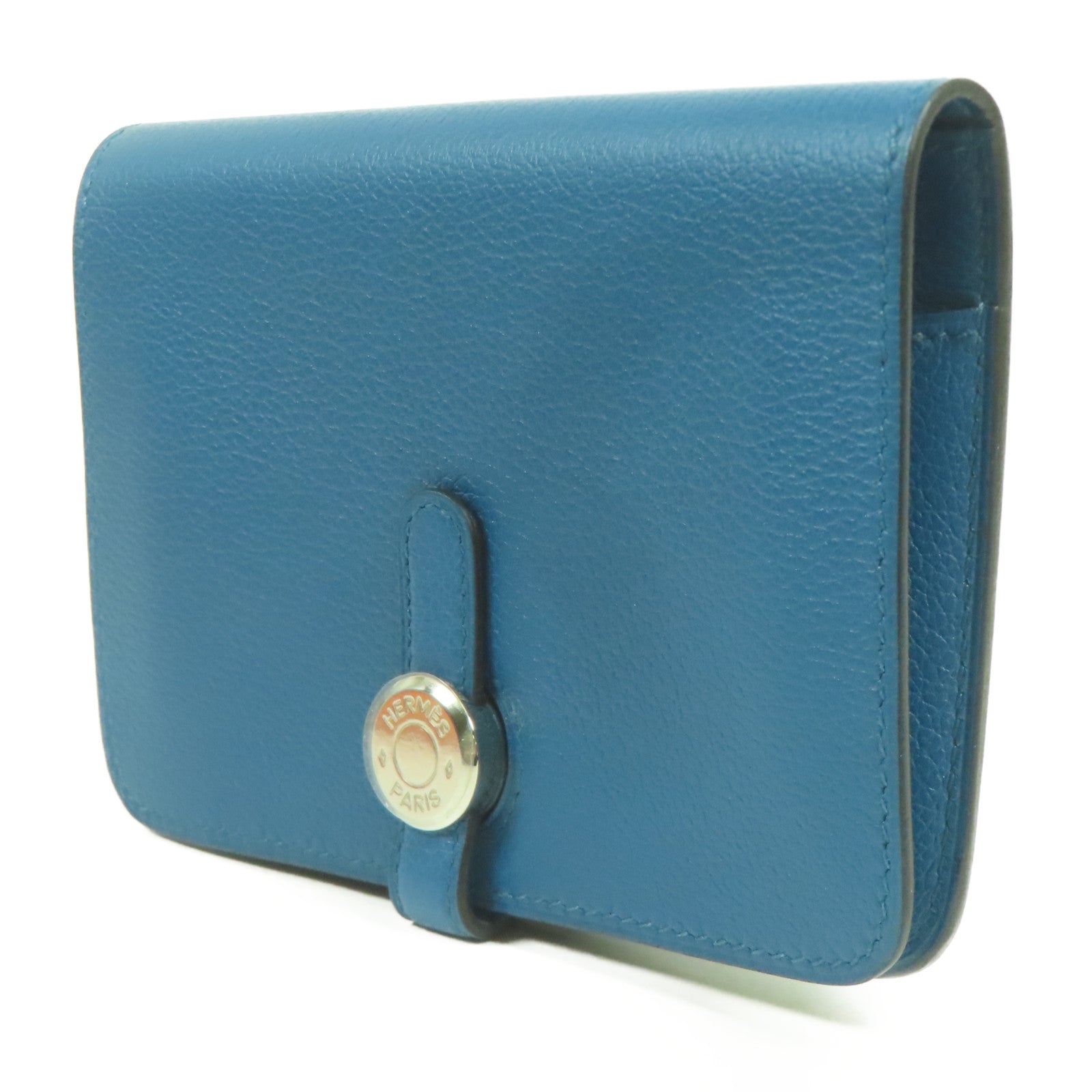 HERMES Evercolor皮革Dogon Compact銀扣錢包Bleu De Galice