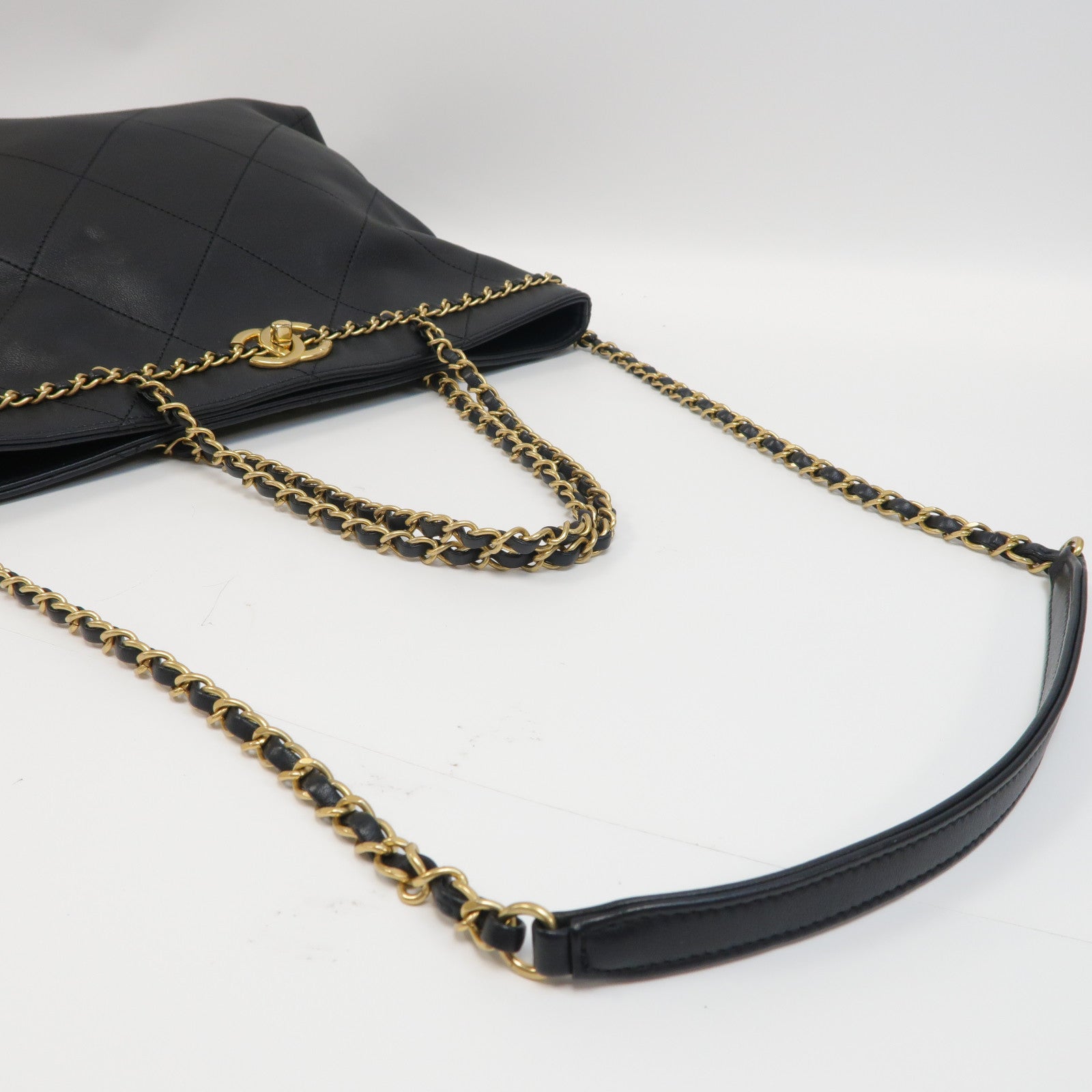 CHANEL 菱格羊皮皮革2way Chain Shoulder Bag金扣鏈帶手挽肩背兩用袋黑色