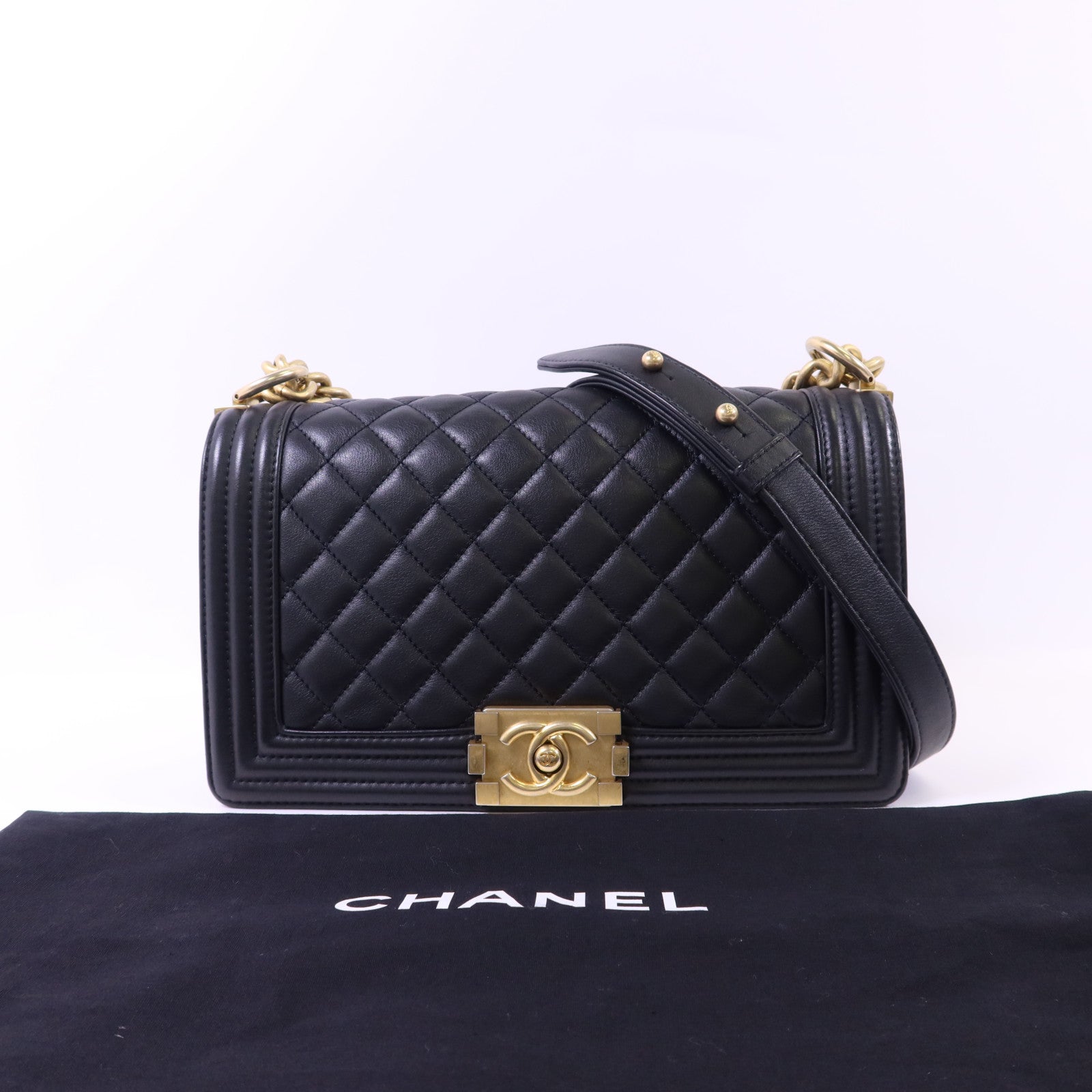 CHANEL 牛皮皮革Boy 25金扣鏈帶肩背袋