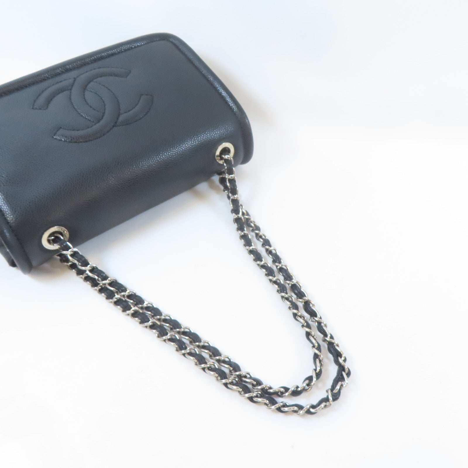 CHANEL Caviar皮革Chain Shoulder Bag銀扣鏈帶肩背袋黑色