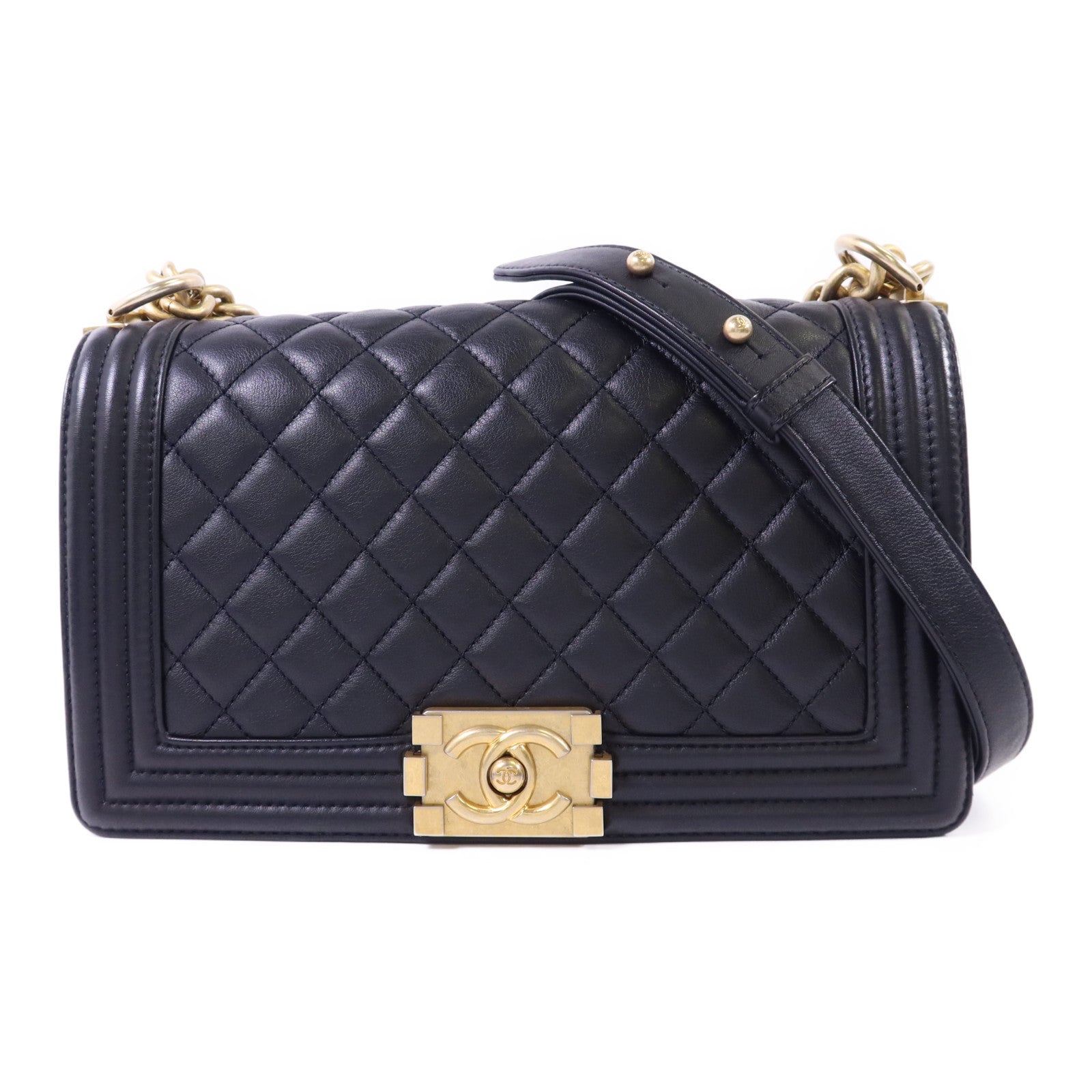 CHANEL 牛皮皮革Boy 25金扣鏈帶肩背袋