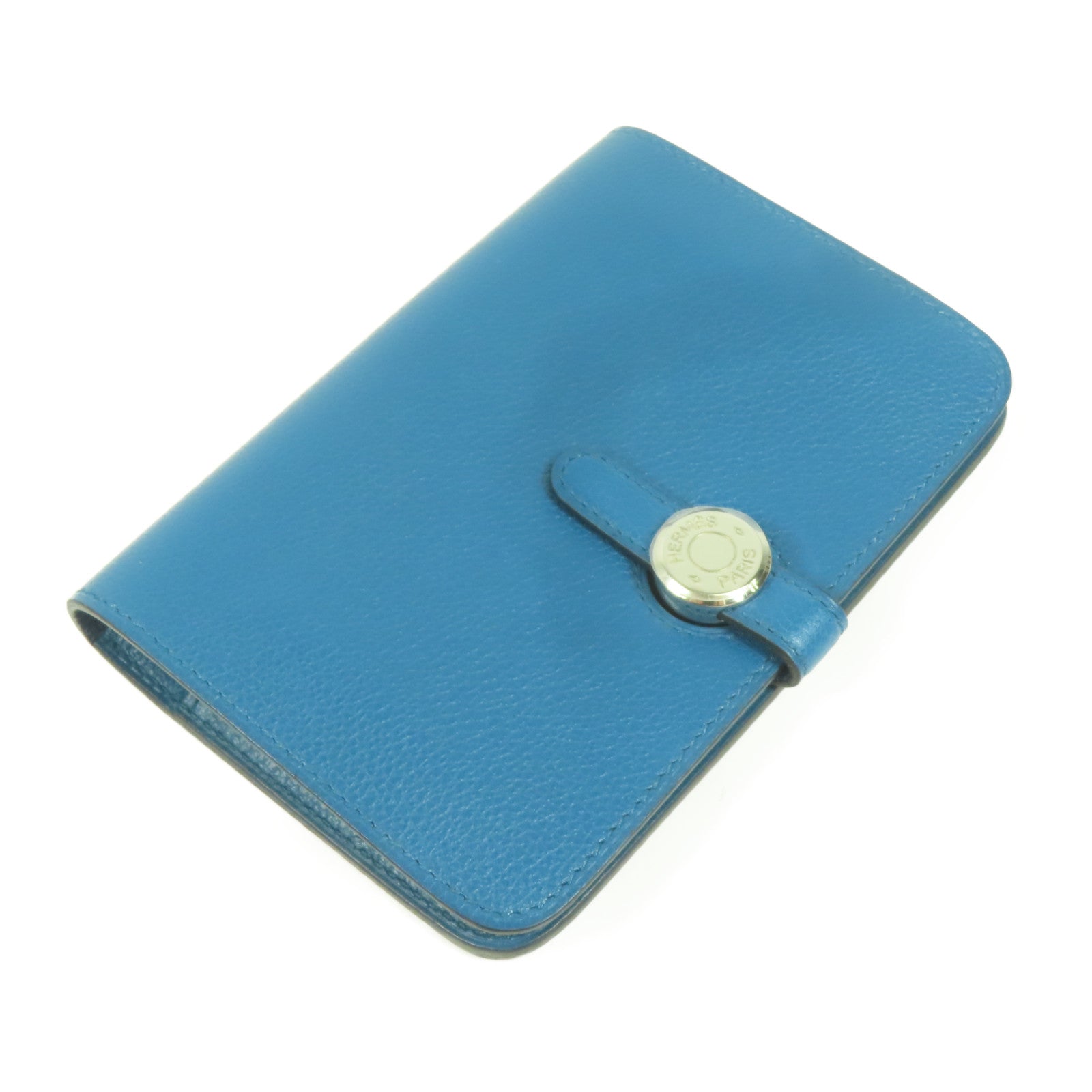 HERMES Evercolor皮革Dogon Compact銀扣錢包Bleu De Galice