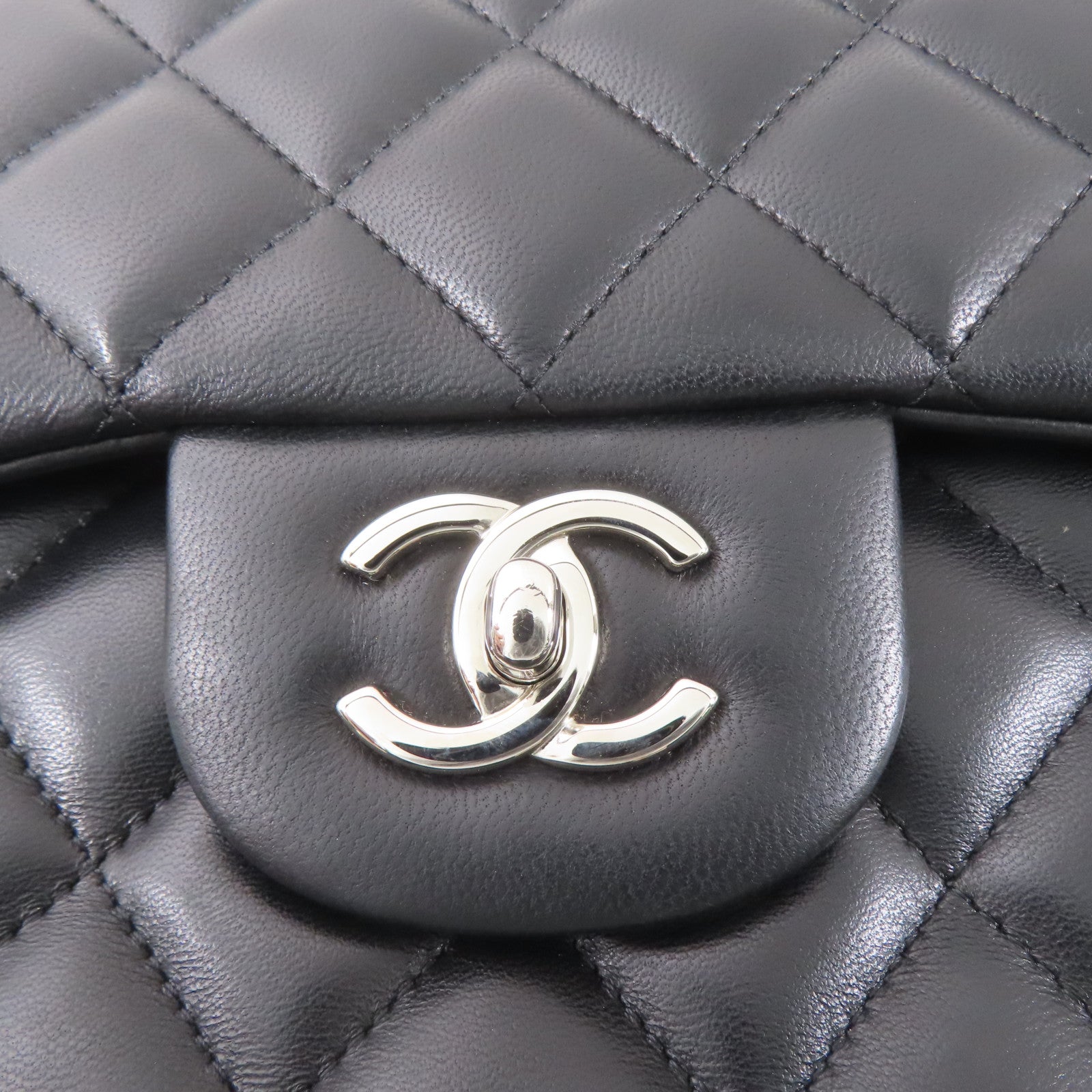 CHANEL 羊皮皮革Large Classic銀扣鏈帶肩背袋黑色