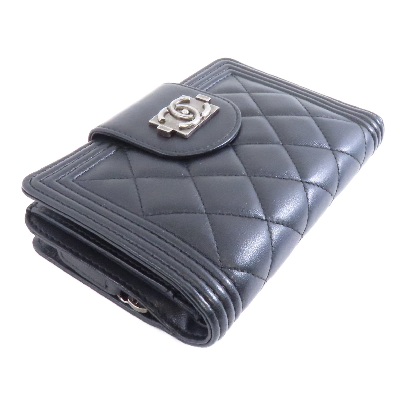 CHANEL 菱格羊皮皮革Boy Wallet銀扣錢包黑色