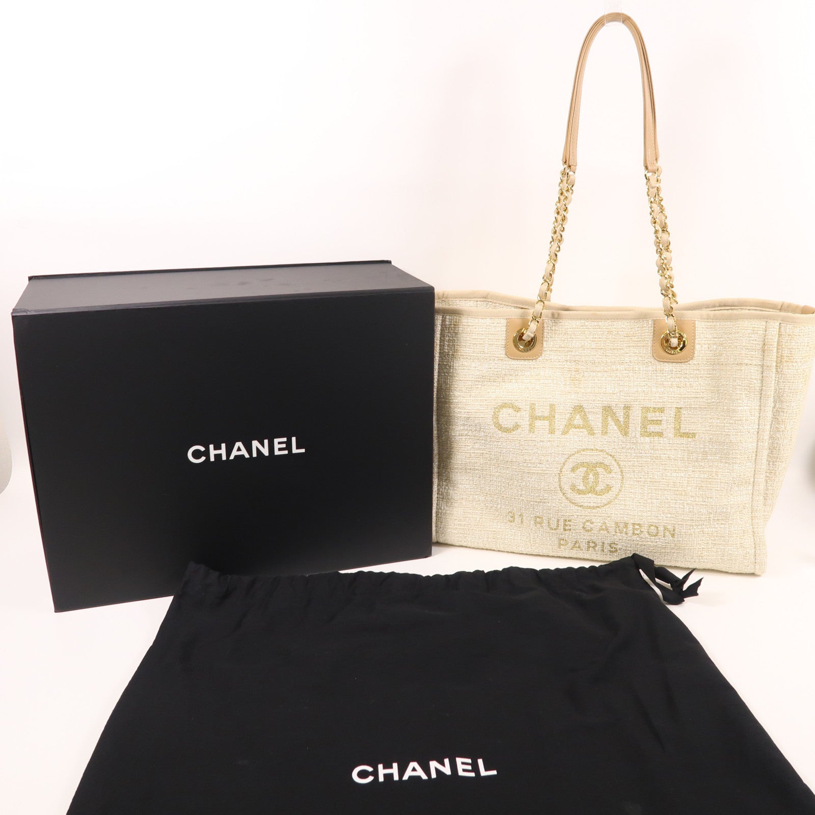 CHANEL Straw Deauville Tote金扣鏈帶肩背袋