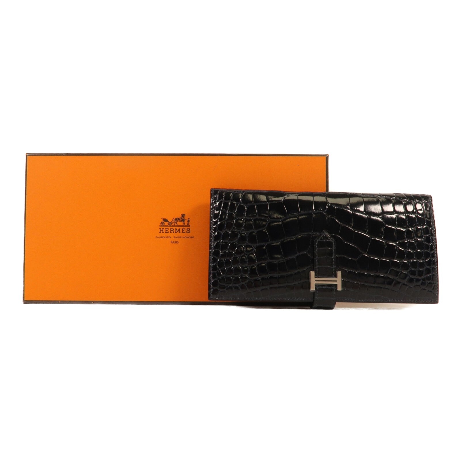 HERMES Alligator Shiny皮革Bearn Long Wallet銀扣長錢包Bleu Marine