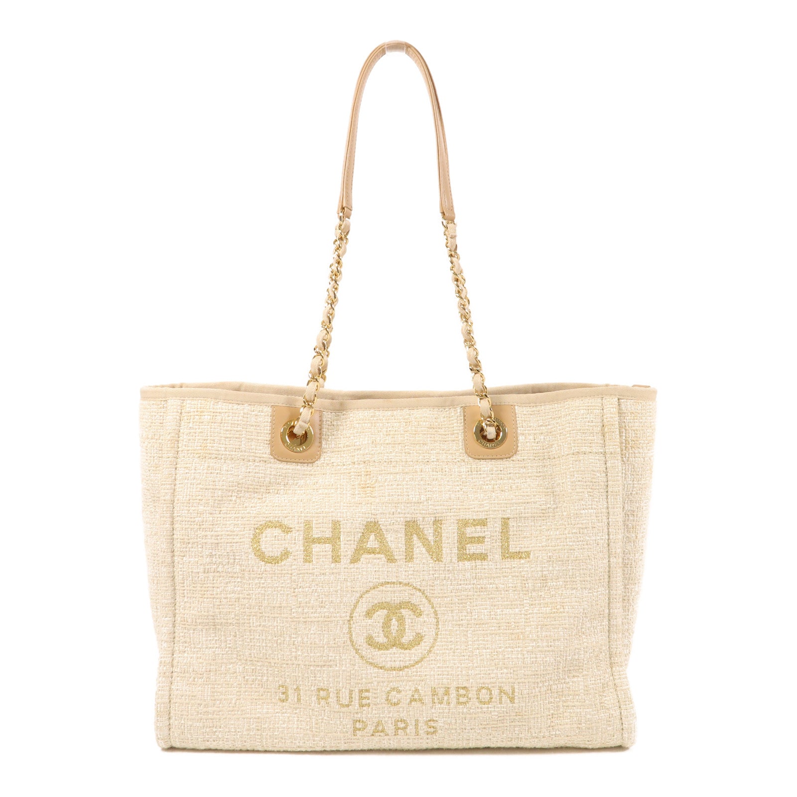 CHANEL Straw Deauville Tote金扣鏈帶肩背袋